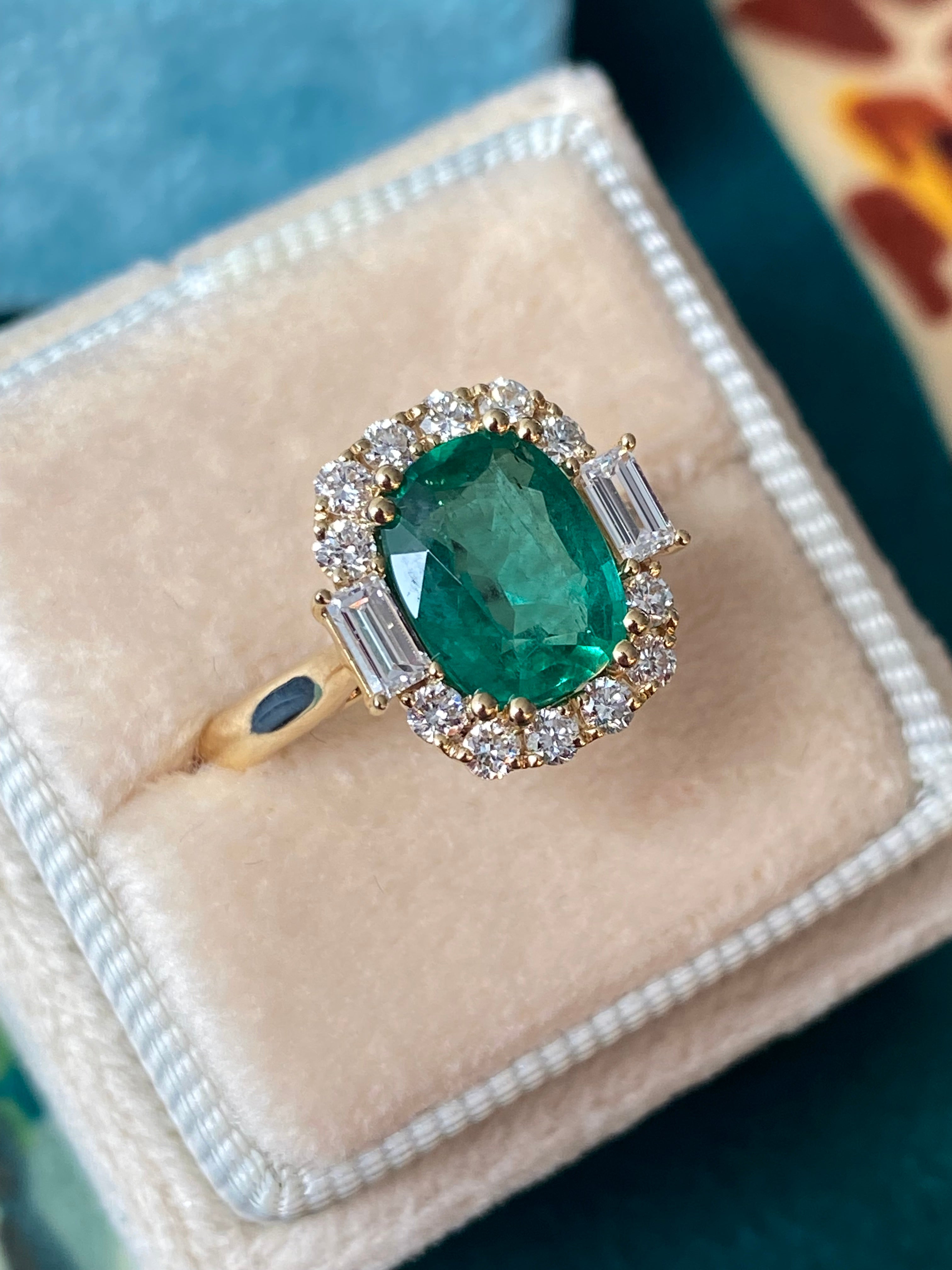 2.59 CTW Cushion Cut Emerald and Natural Diamond Halo Ring in 18ct Yellow Gold