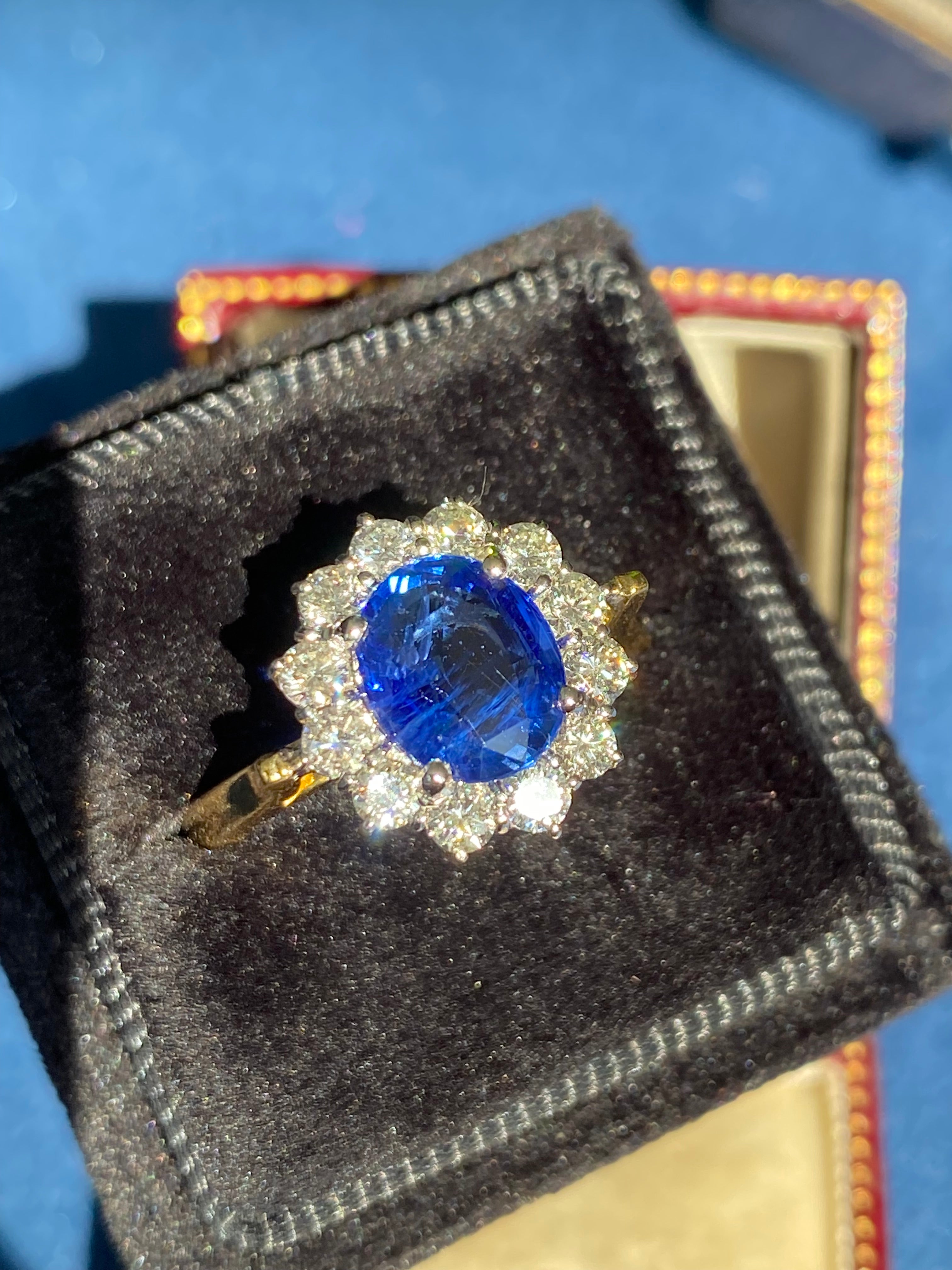 3.31 CTW Ceylon Sapphire and Natural Diamond Halo Ring in 18ct Gold