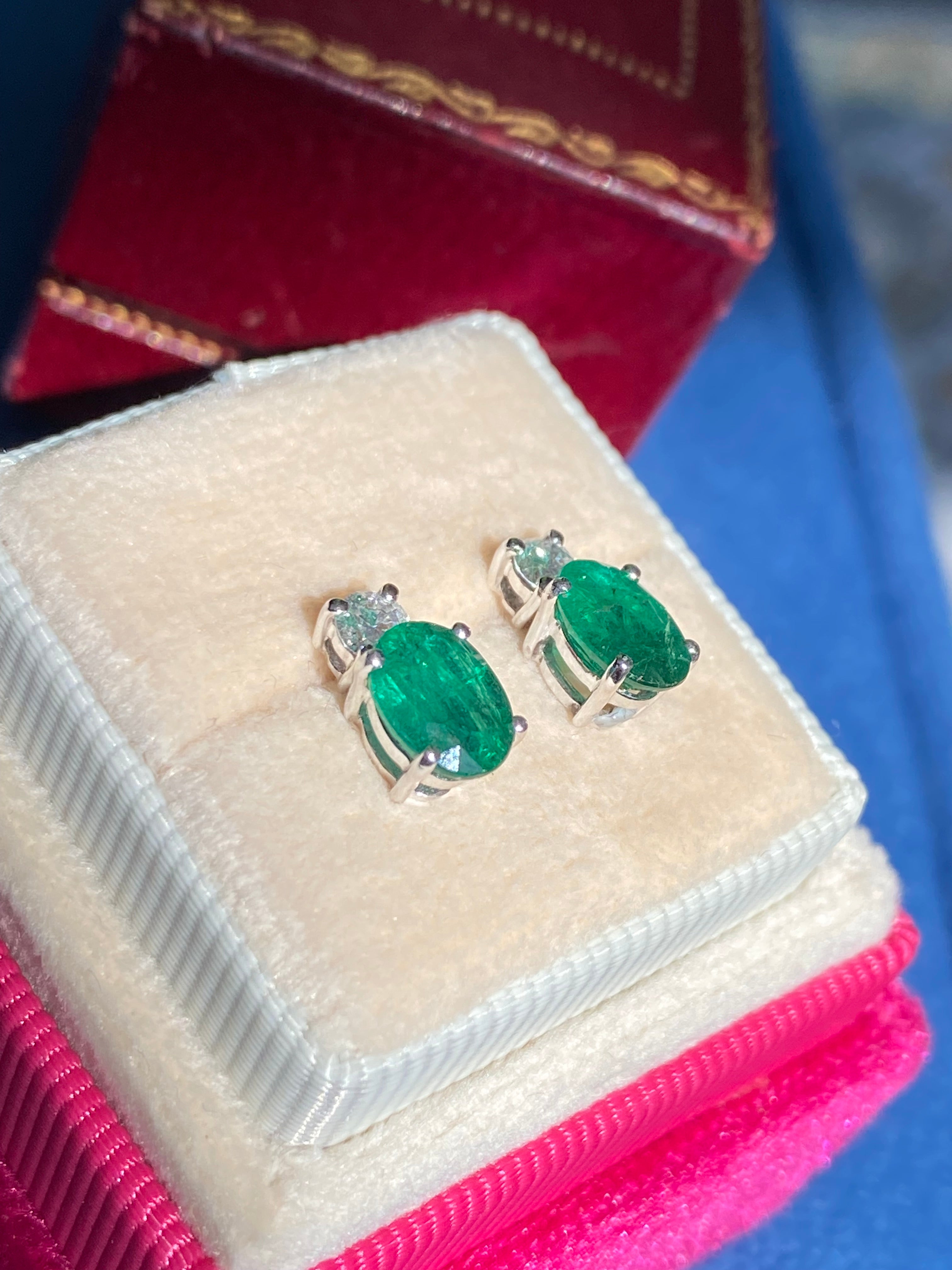 2.17 CTW Emerald and Natural Diamond Stud Earrings in 18ct White Gold