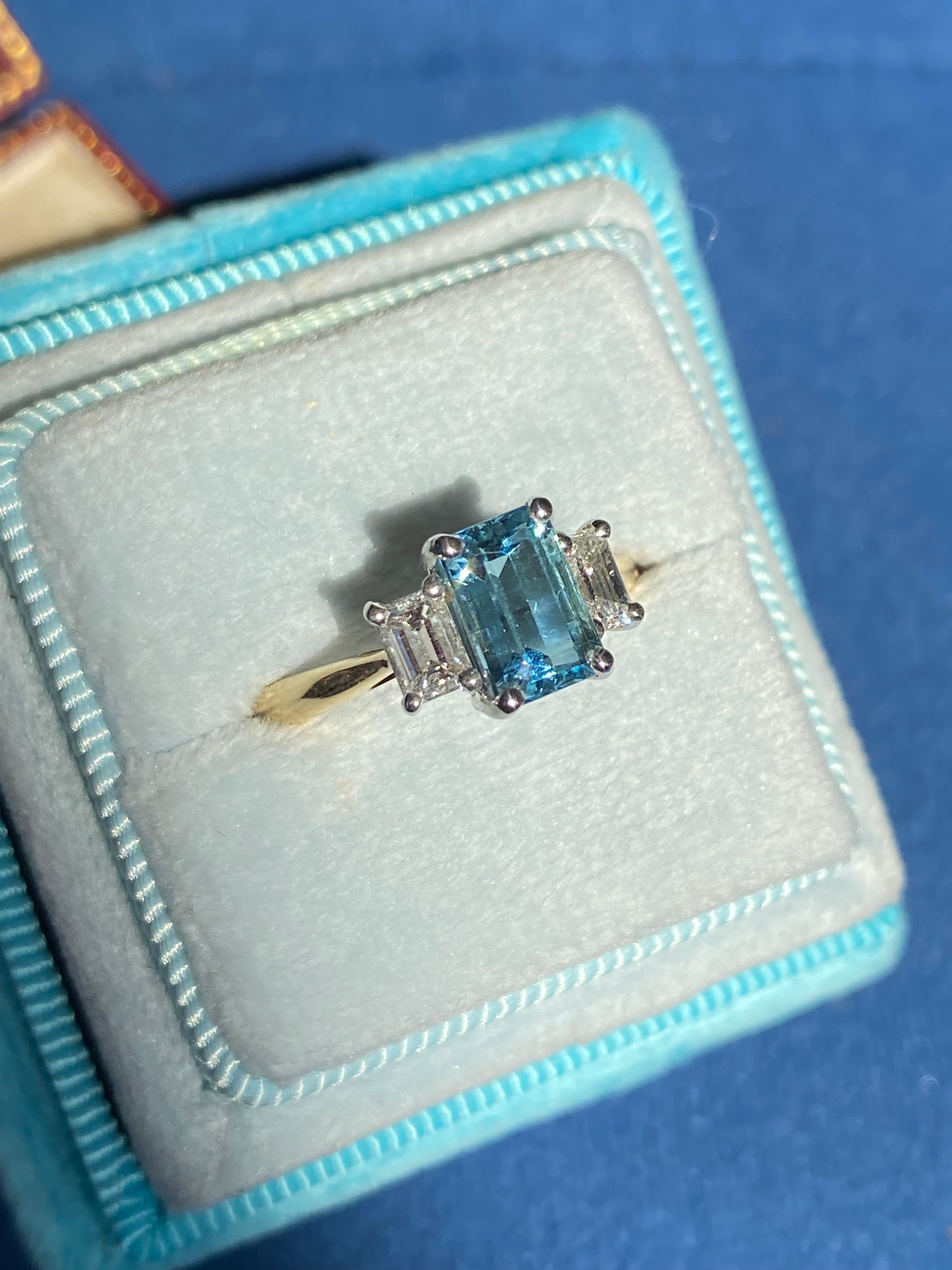 1.73 CTW Aquamarine and Natural Diamond Three Stone Ring in Platinum and 18ct Yellow Gold