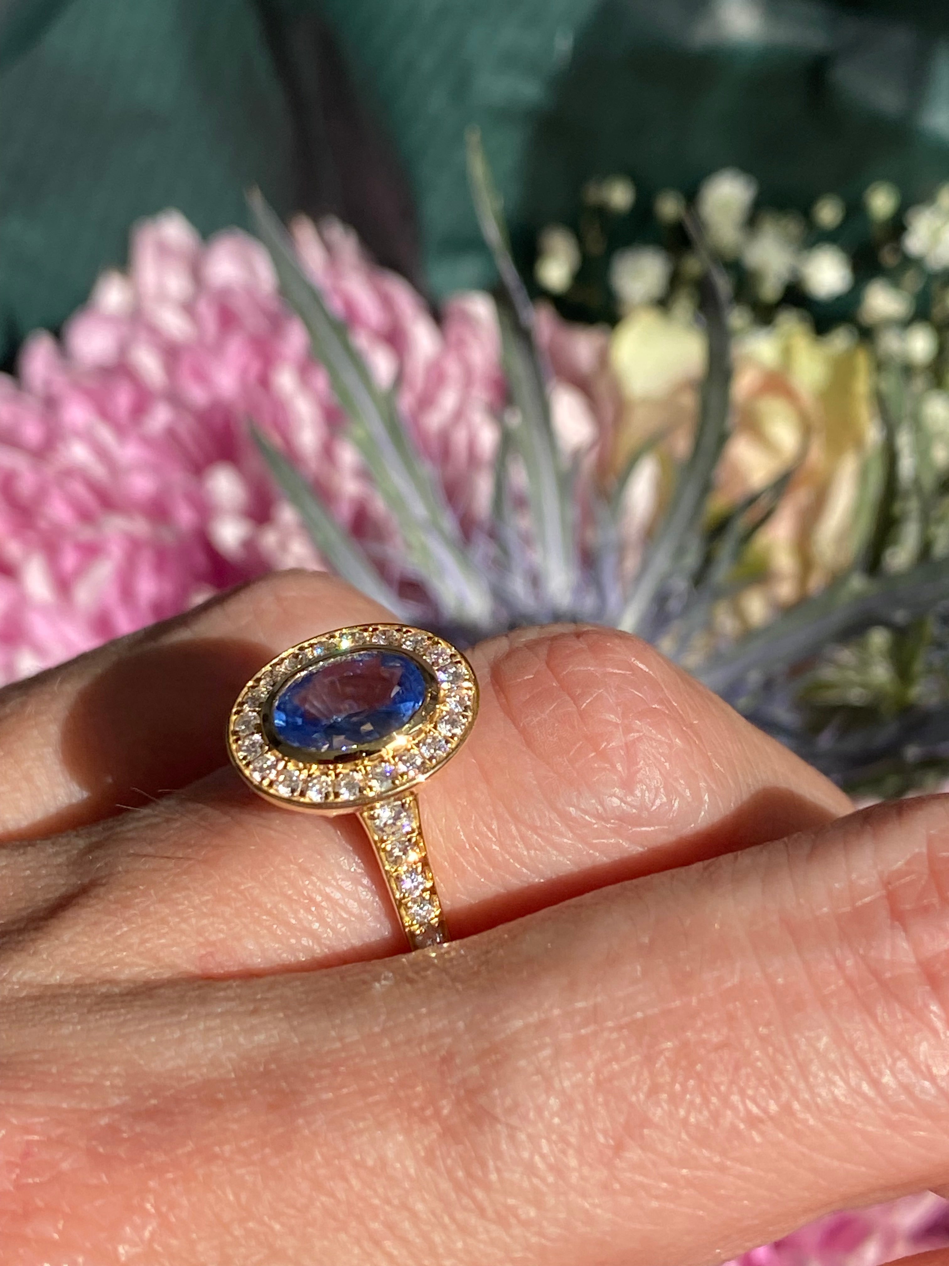 1.64 CTW Violet Sapphire and Natural Diamond Halo Ring in 18ct Yellow Gold