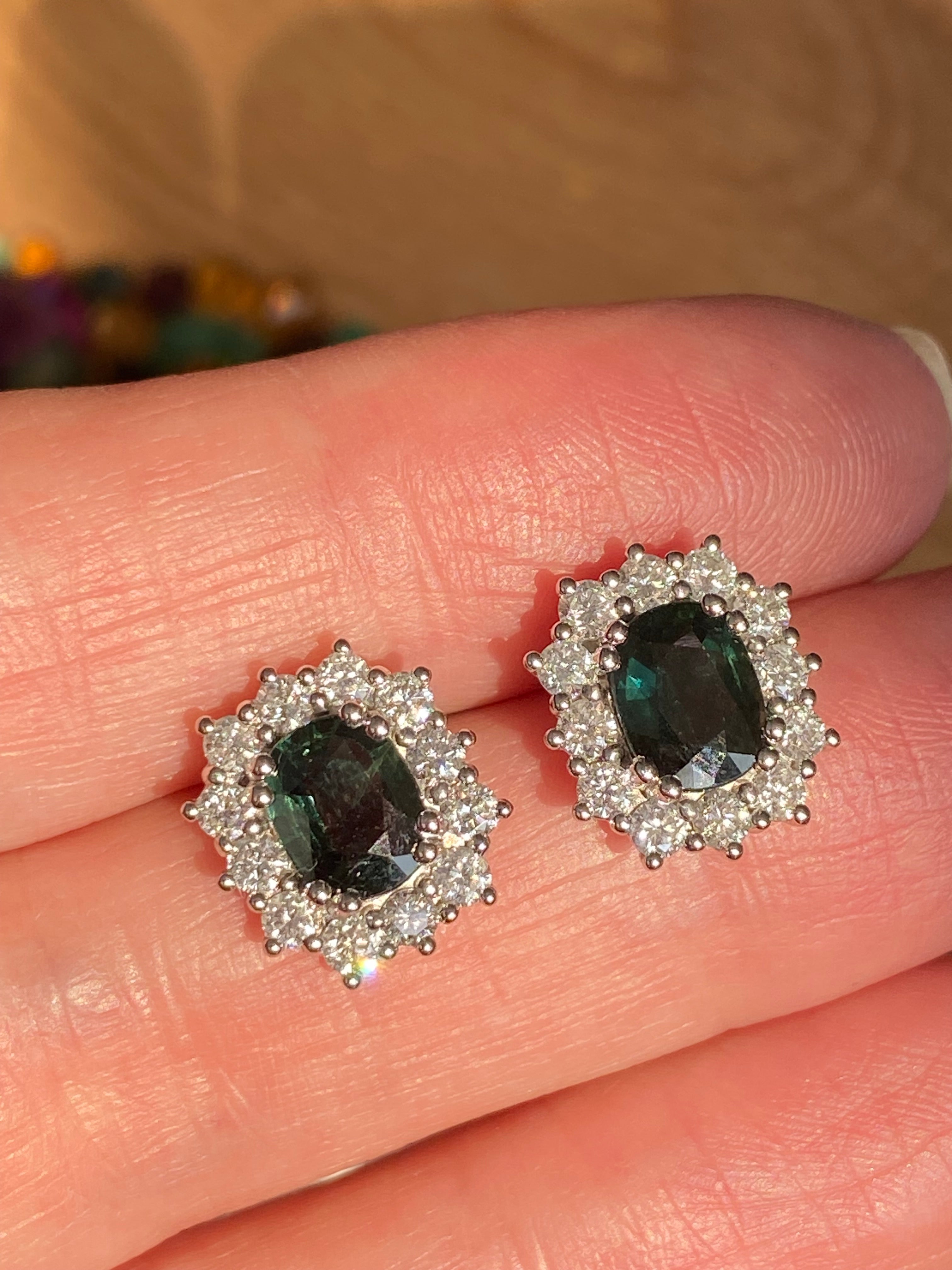 3.77 CTW Teal Sapphire and Natural Diamond Halo Stud Earrings in 18ct White Gold