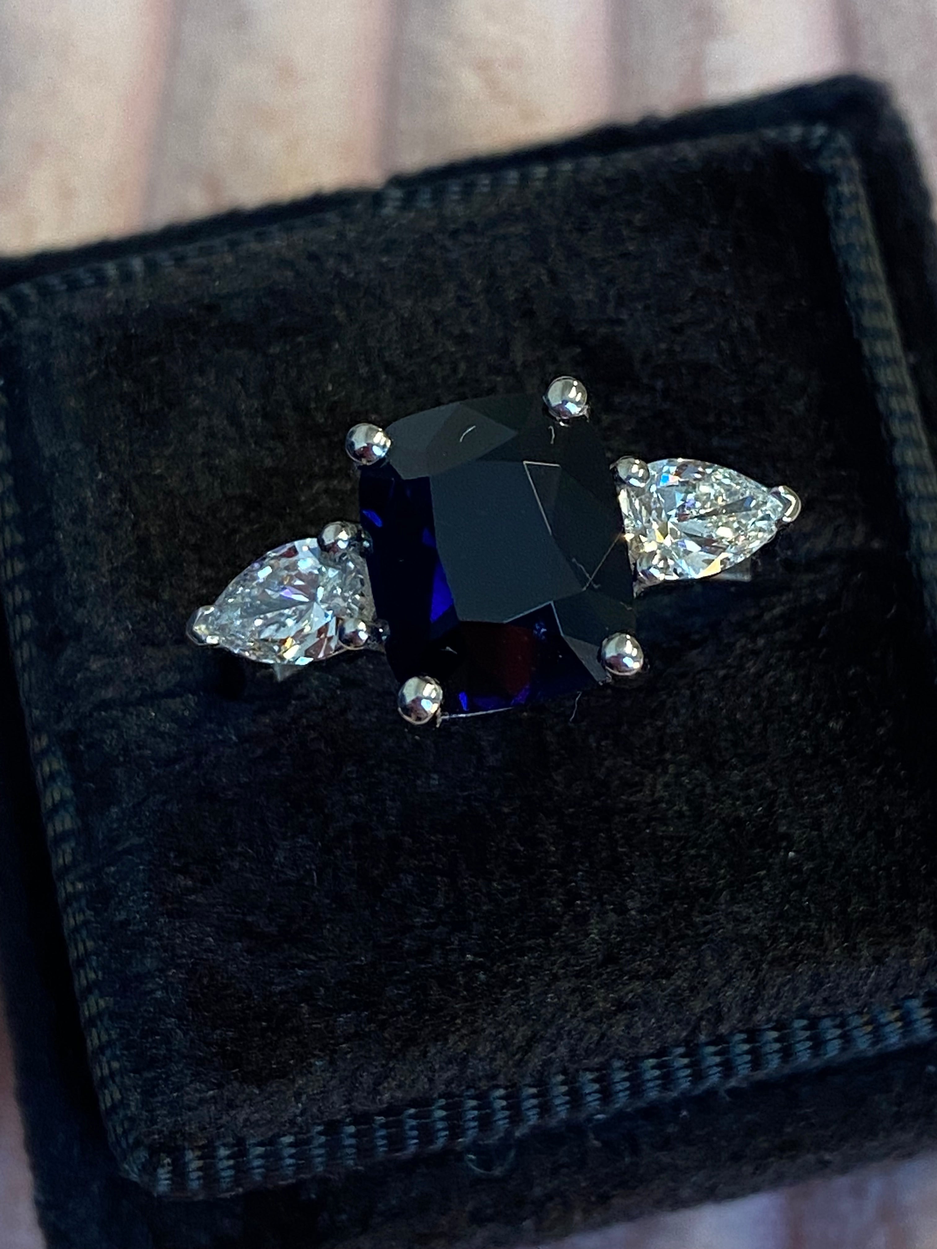 4.04 CTW Deep Blue Ceylon Sapphire and Natural Diamond Three Stone Engagement Ring in Platinum