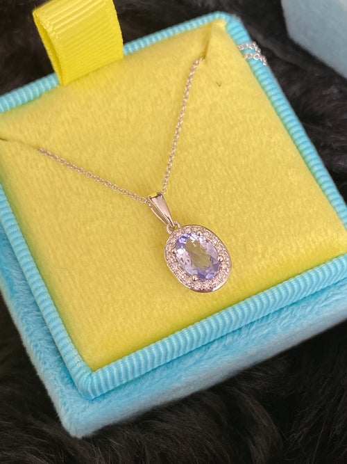 0.82 CTW Tanzanite and Natural Diamond Pendant Necklace in 9ct White Gold