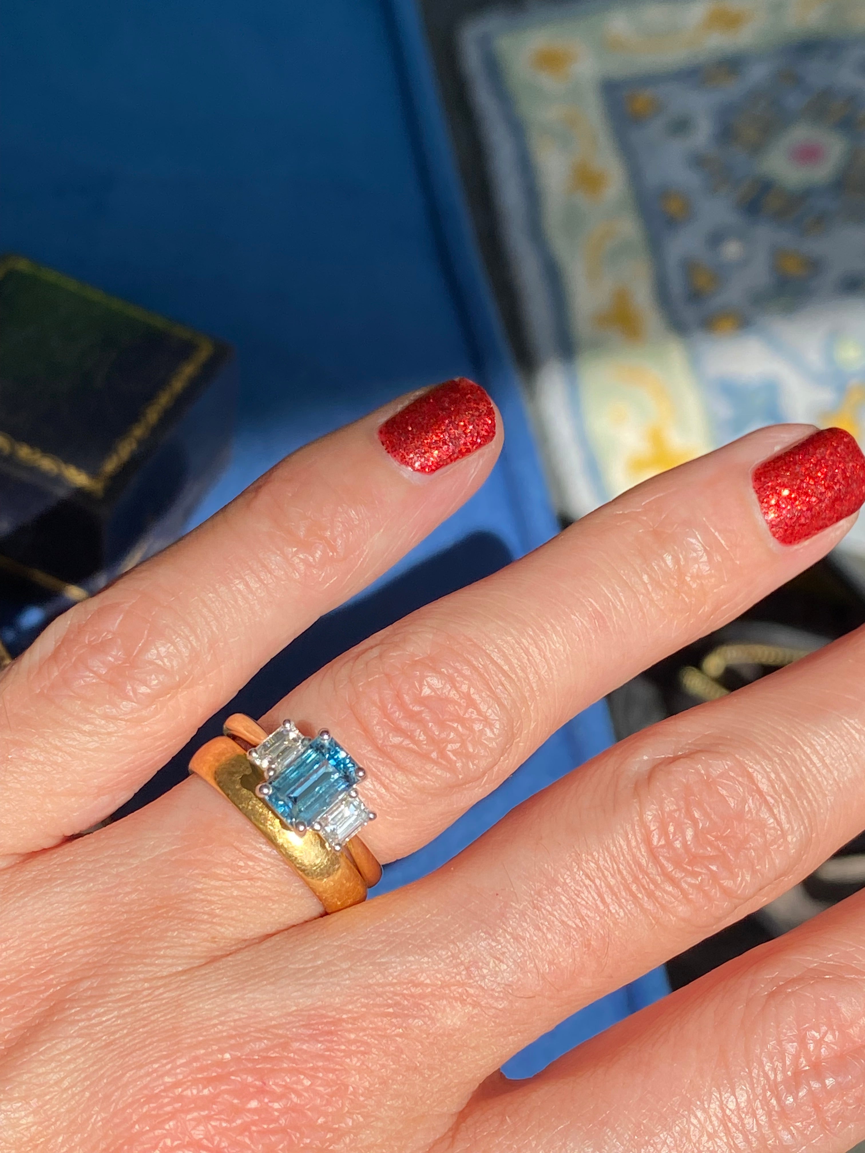 1.73 CTW Aquamarine and Natural Diamond Three Stone Ring in Platinum and 18ct Yellow Gold