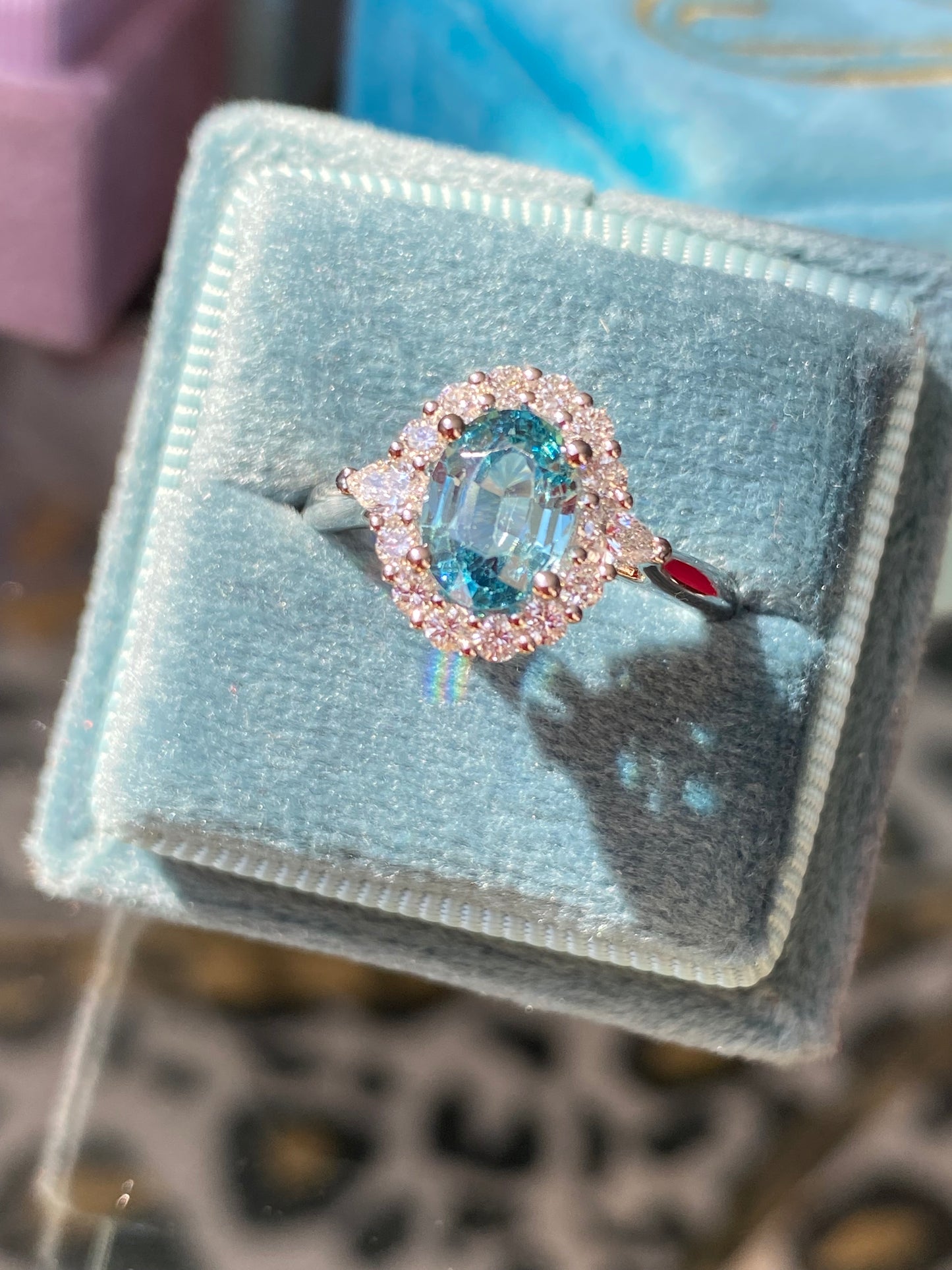 1.78 Carat Blue Zircon and Natural Diamond Halo Ring in Platinum