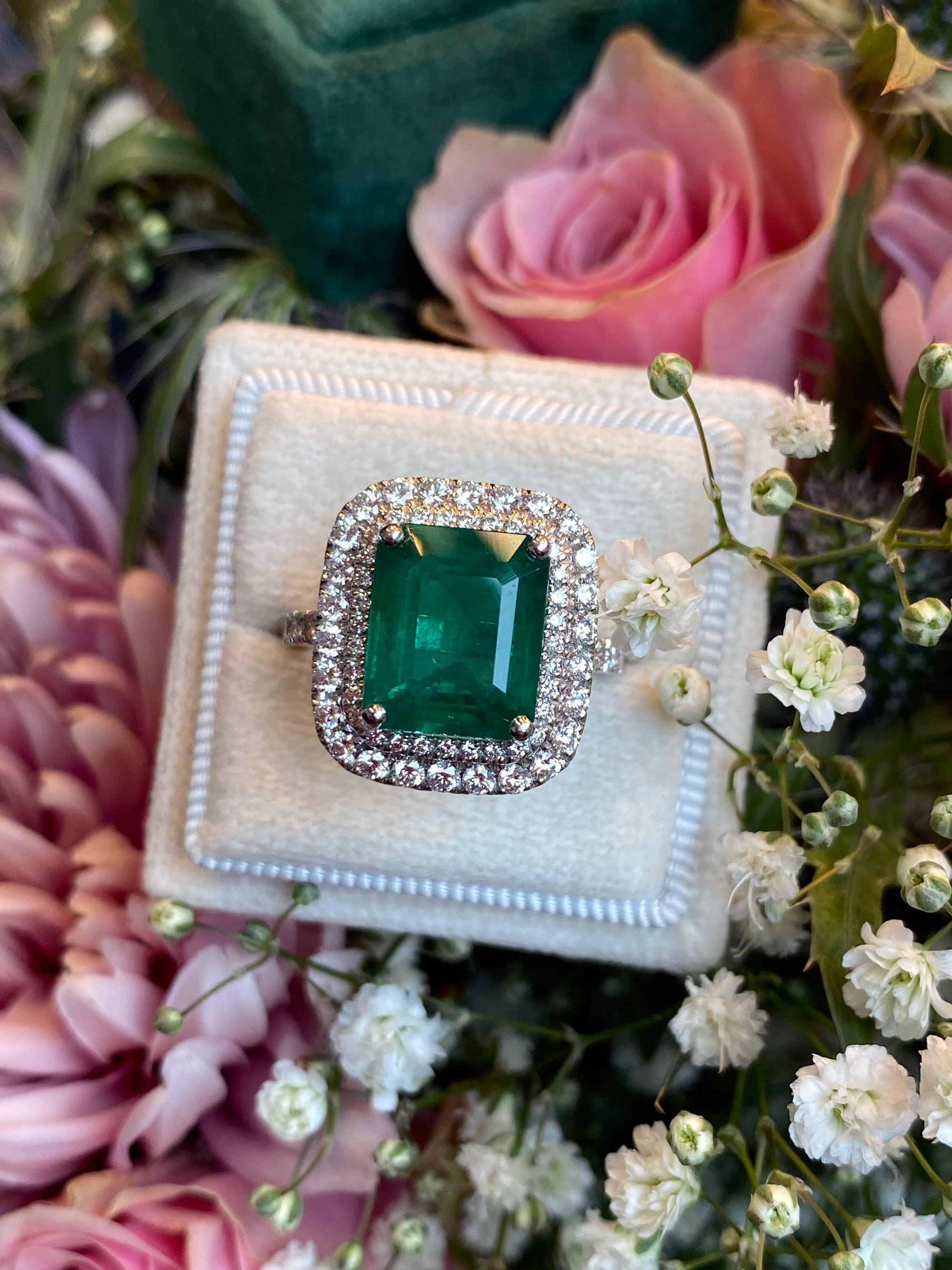 6.07 Carat Emerald Cut Emerald and Diamond Halo Ring in Platinum