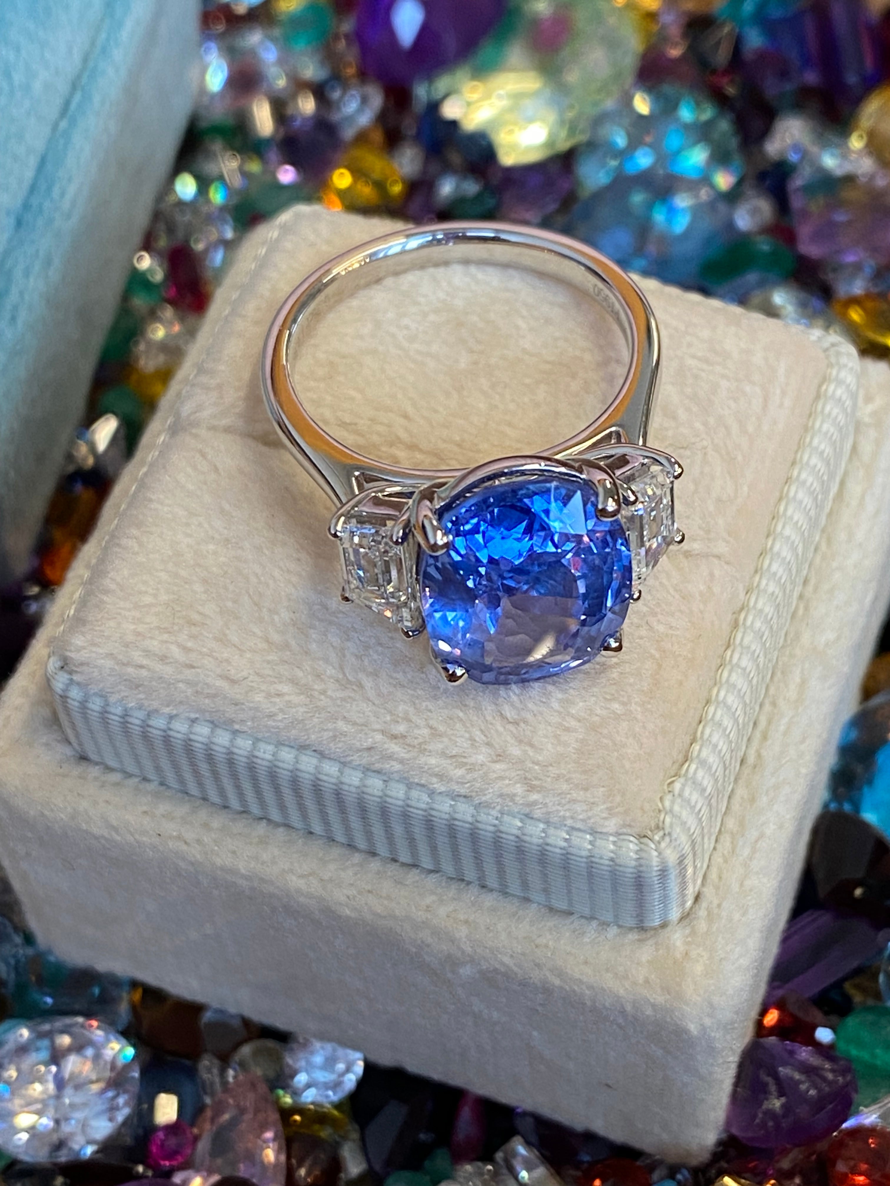 6.25 Carat Unheated Blue Ceylon Sapphire and 0.95 Carat Diamond Ring