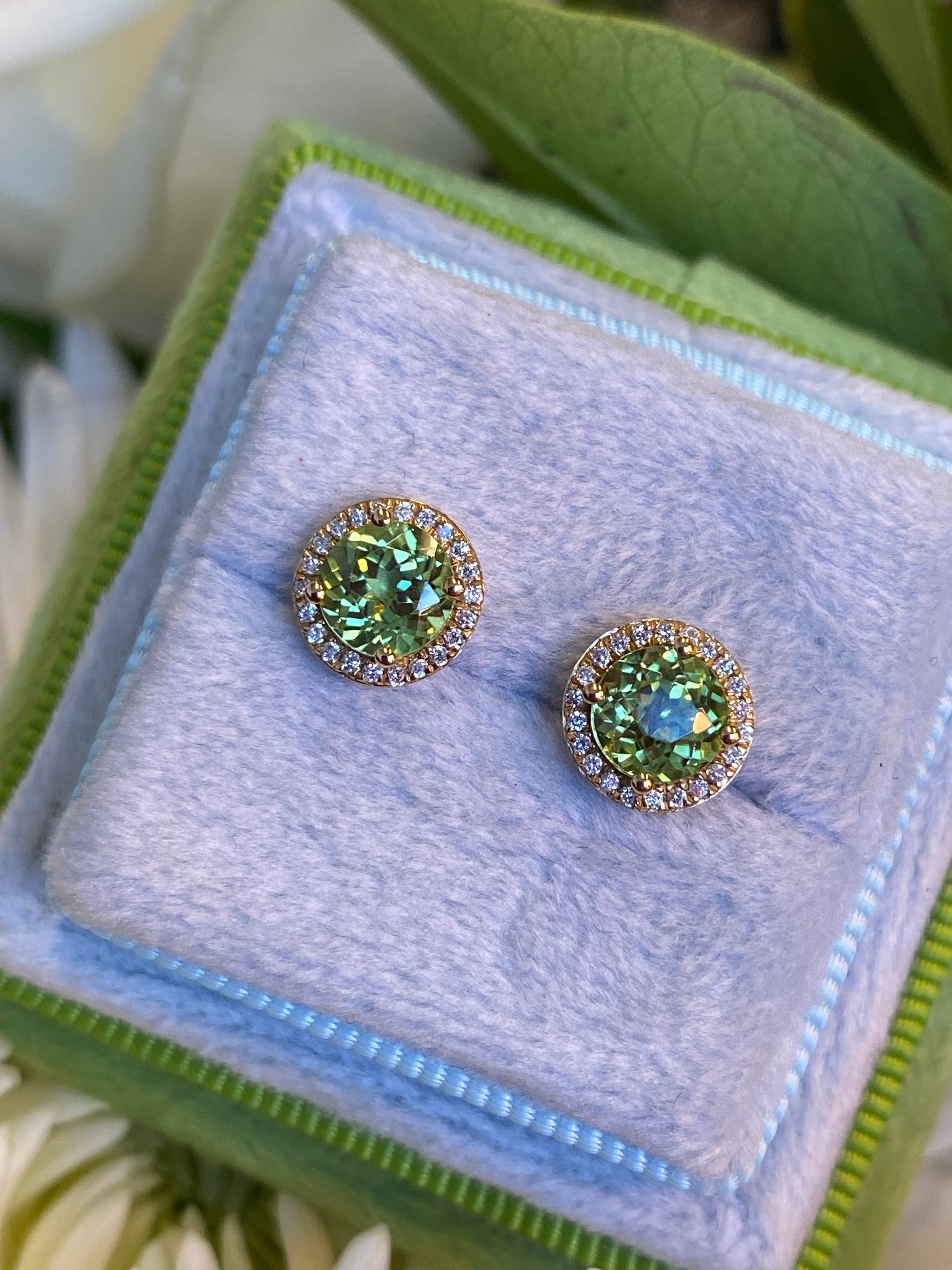 Peridot and Diamond Halo Stud Earrings in 18ct Yellow Gold