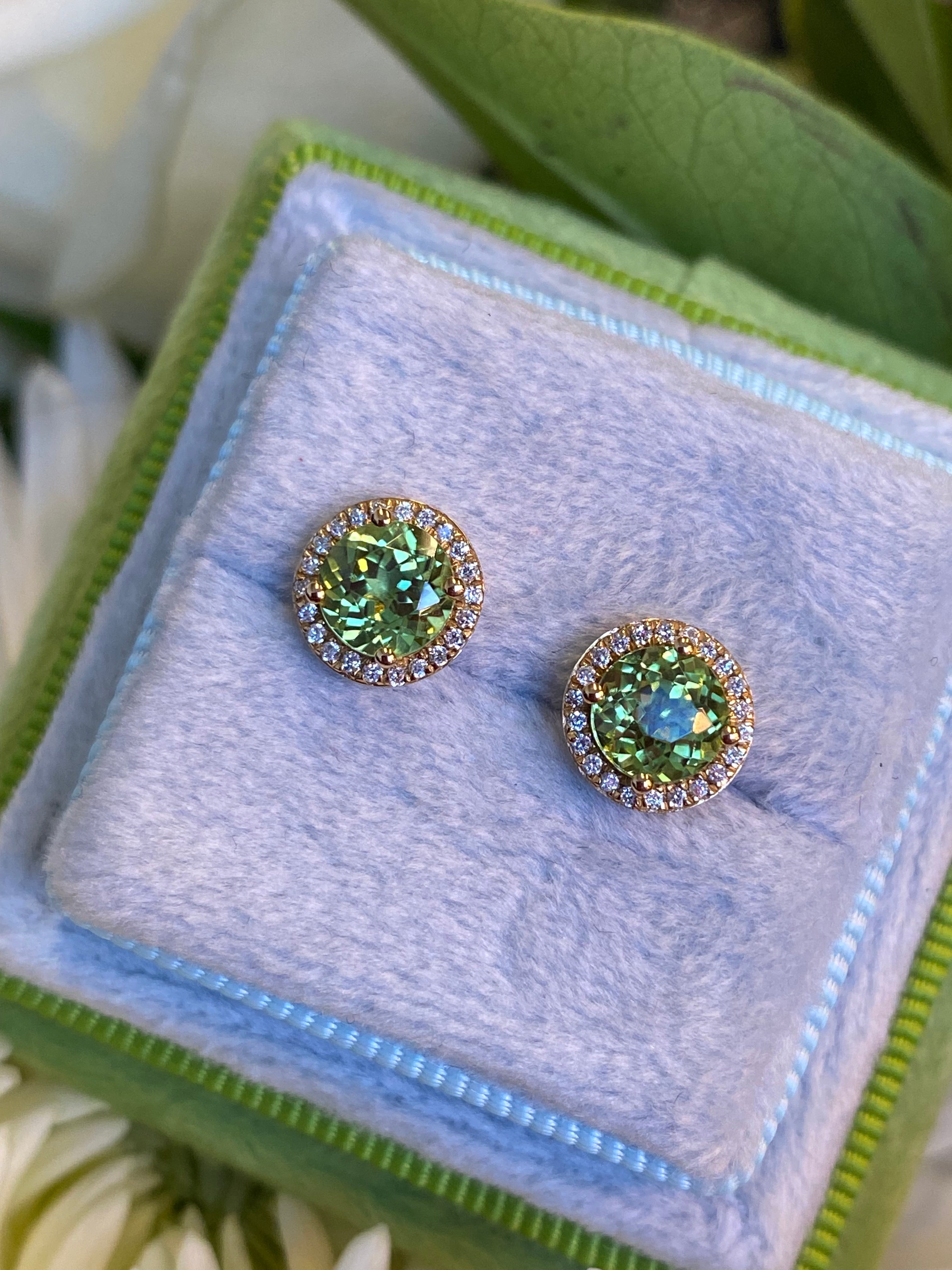Peridot and Diamond Halo Stud Earrings in 18ct Yellow Gold