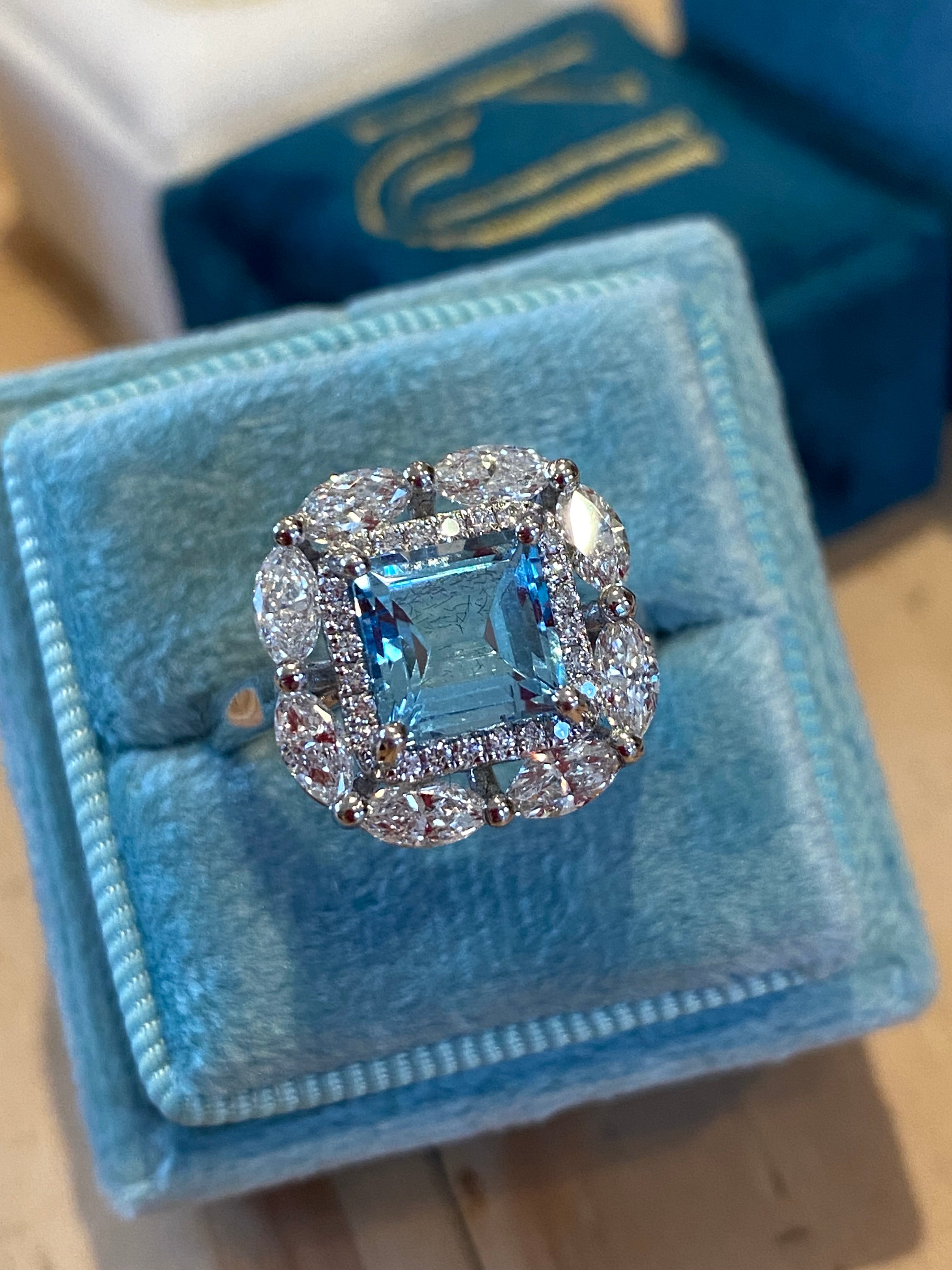 1.60 Carat Aquamarine and 1.18 ctw Natural Diamond Ring in Platinum