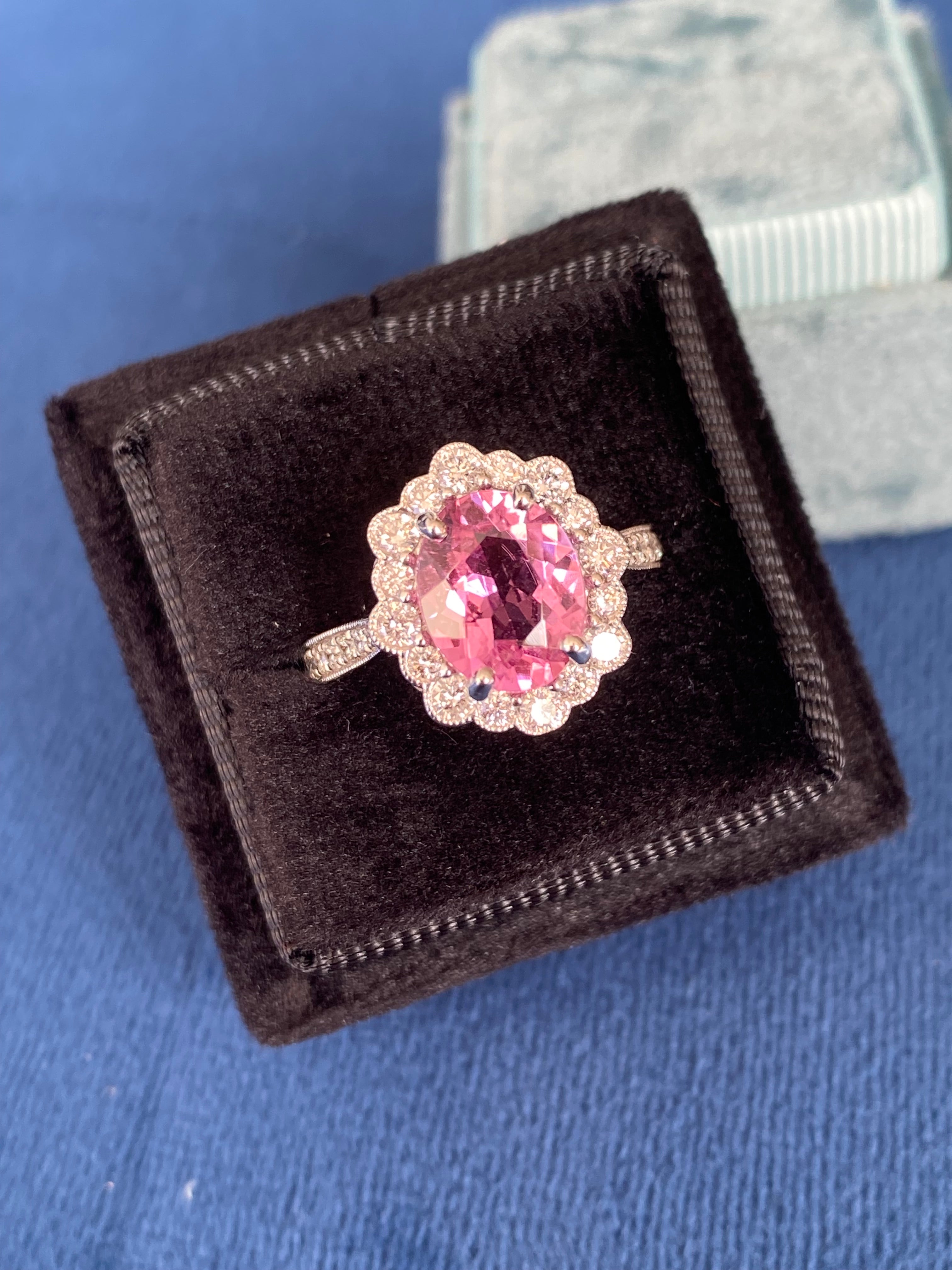 3.01 CTW Pink Tourmaline and Natural Diamond Halo Ring in Platinum