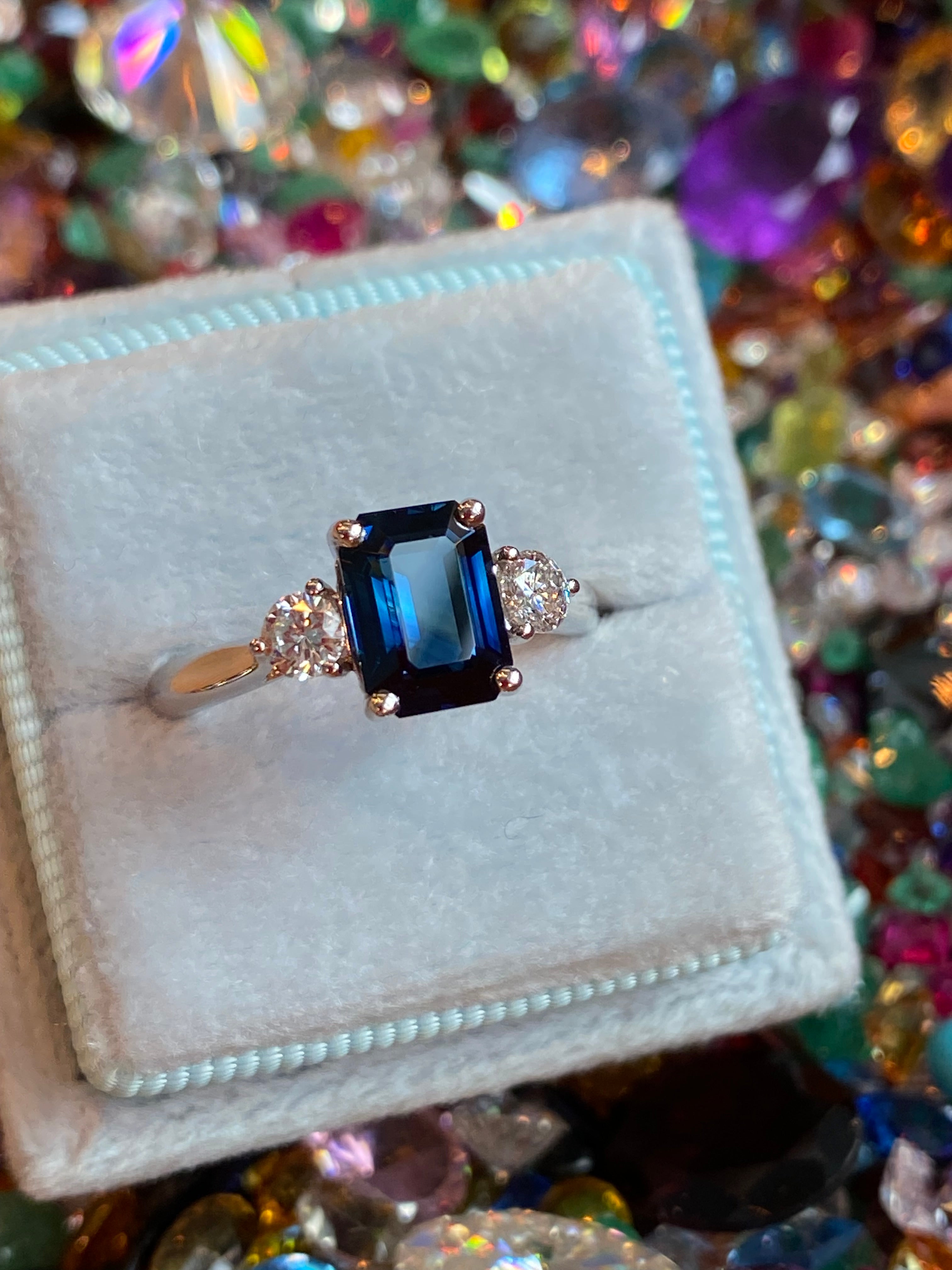 2.04 Carat Teal Sapphire and 0.29 CTW Natural Diamond Three Stone Ring in Platinum