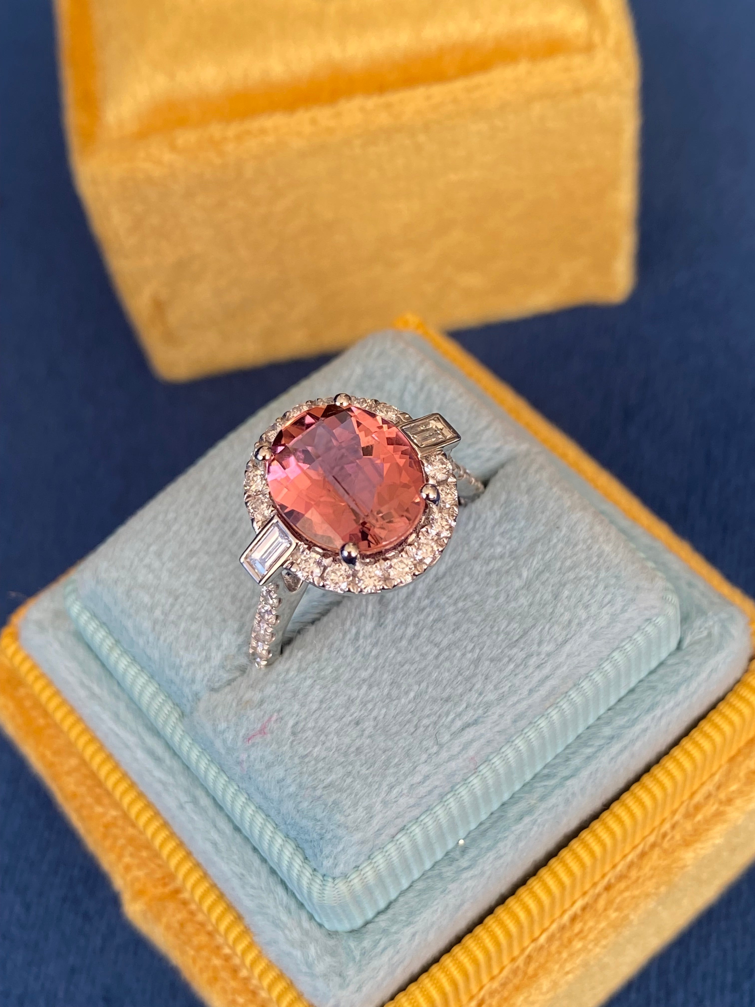 3.47 Carat Chequerboard Cut Pink Tourmaline and Natural Diamond Ring in Platinum