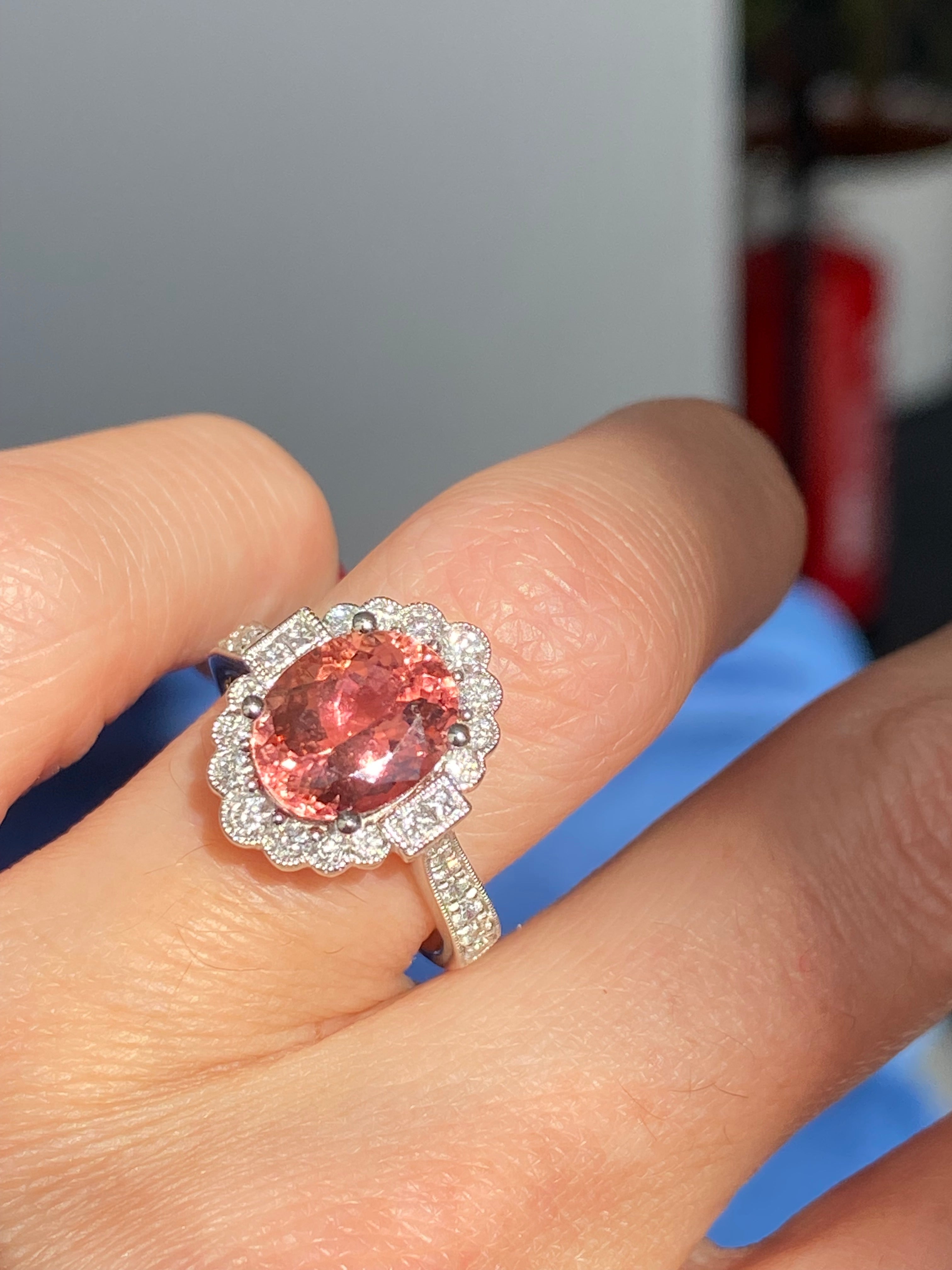 3.69 CTW Rose Tourmaline and Natural Diamond Halo Ring in Platinum