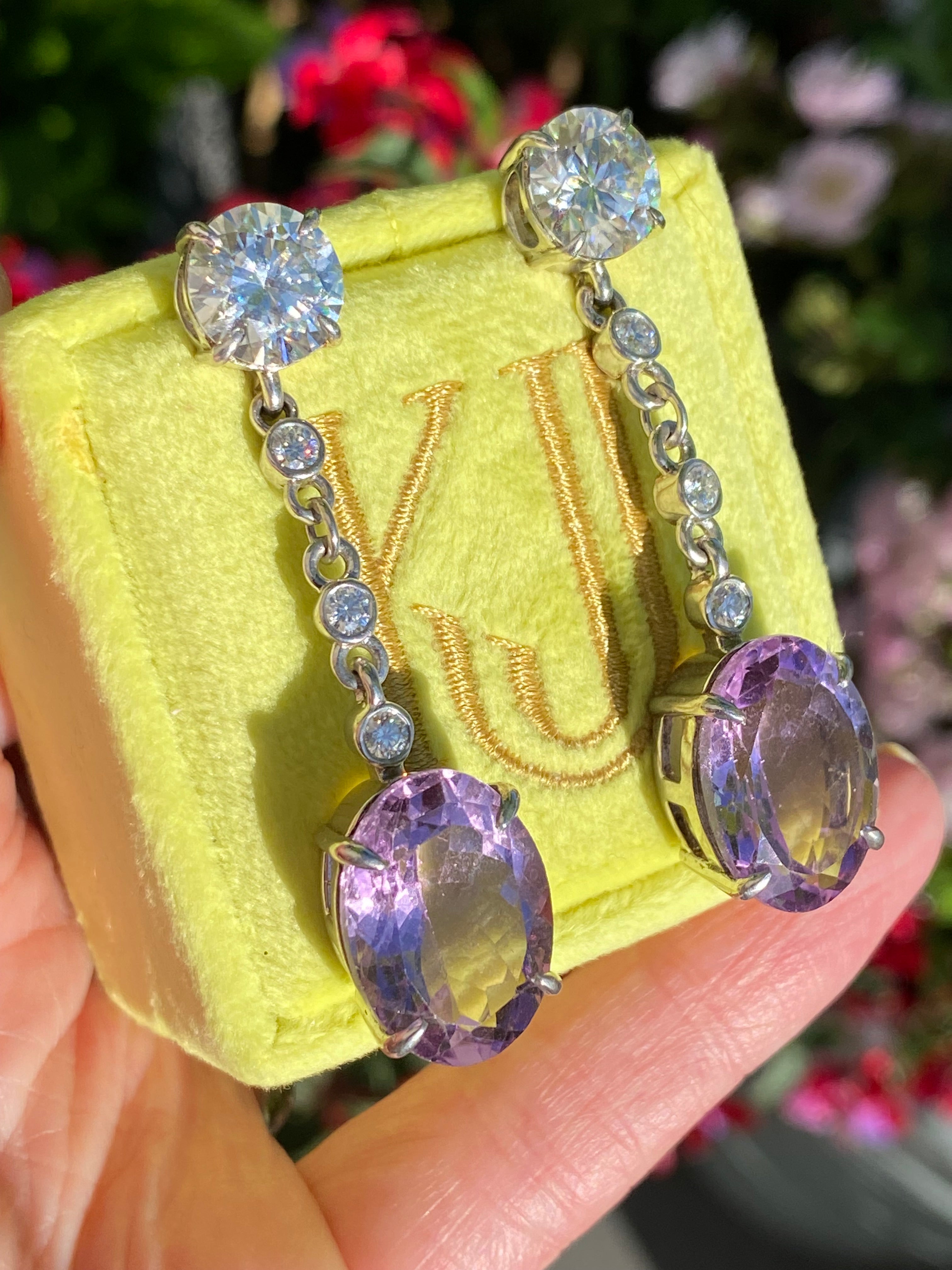 28.00 Carat Oval Cut Rose de France Amethyst and Moissanite Earrings in Sterling Silver