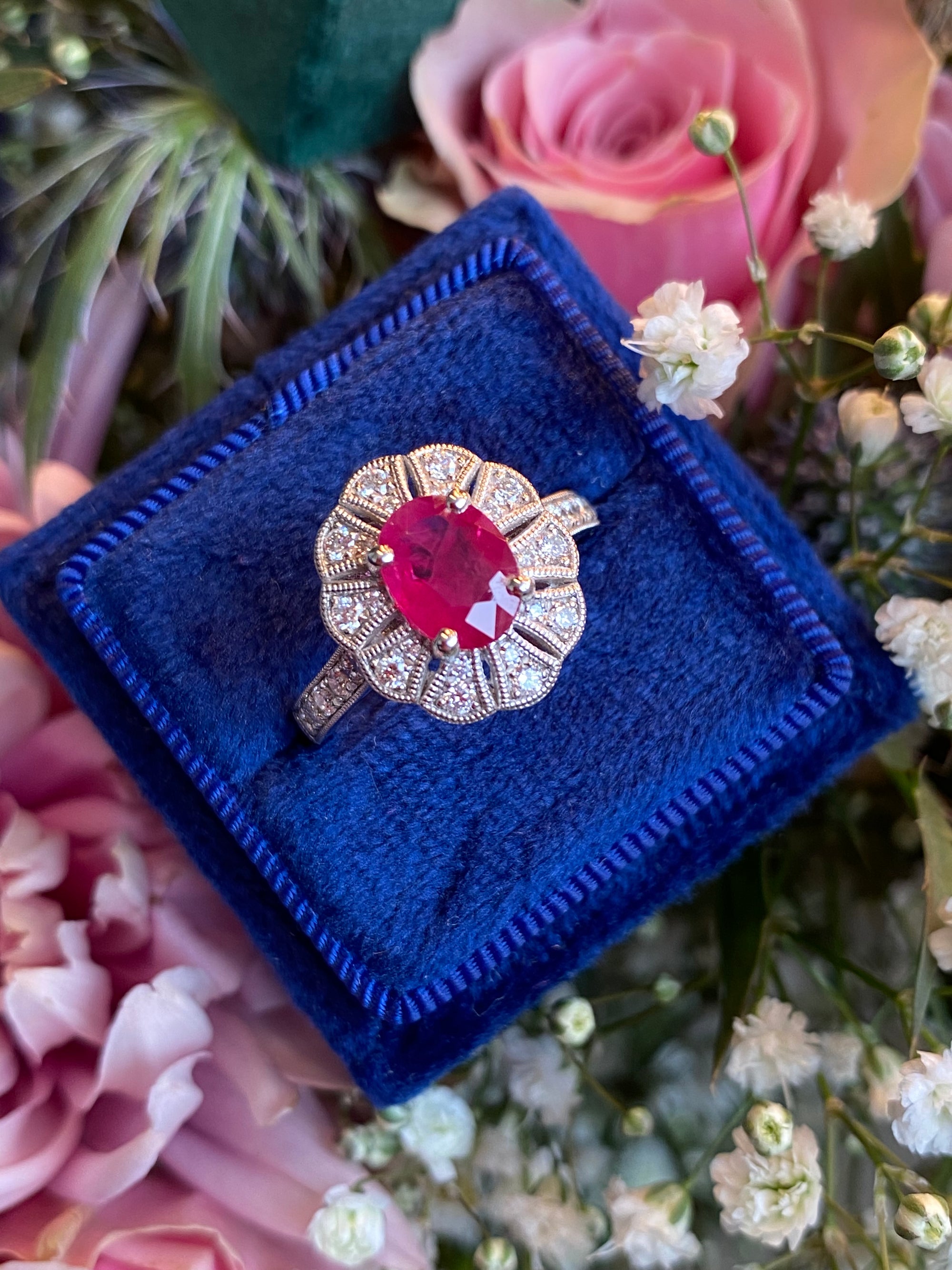 1.71 CTW Oval Cut Ruby and Diamond Art Deco Style Ring in Platinum