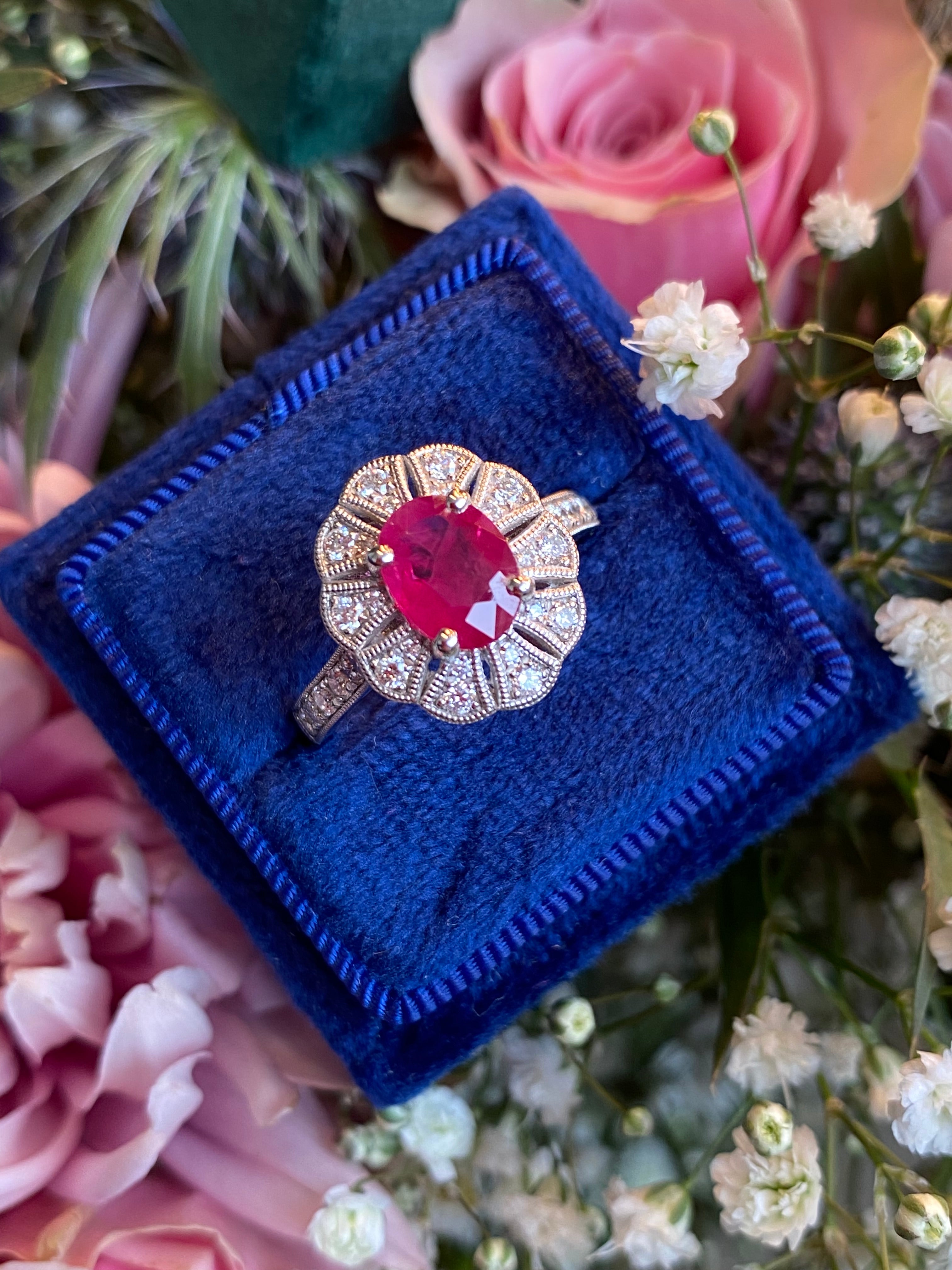 1.71 CTW Oval Cut Ruby and Diamond Art Deco Style Ring in Platinum