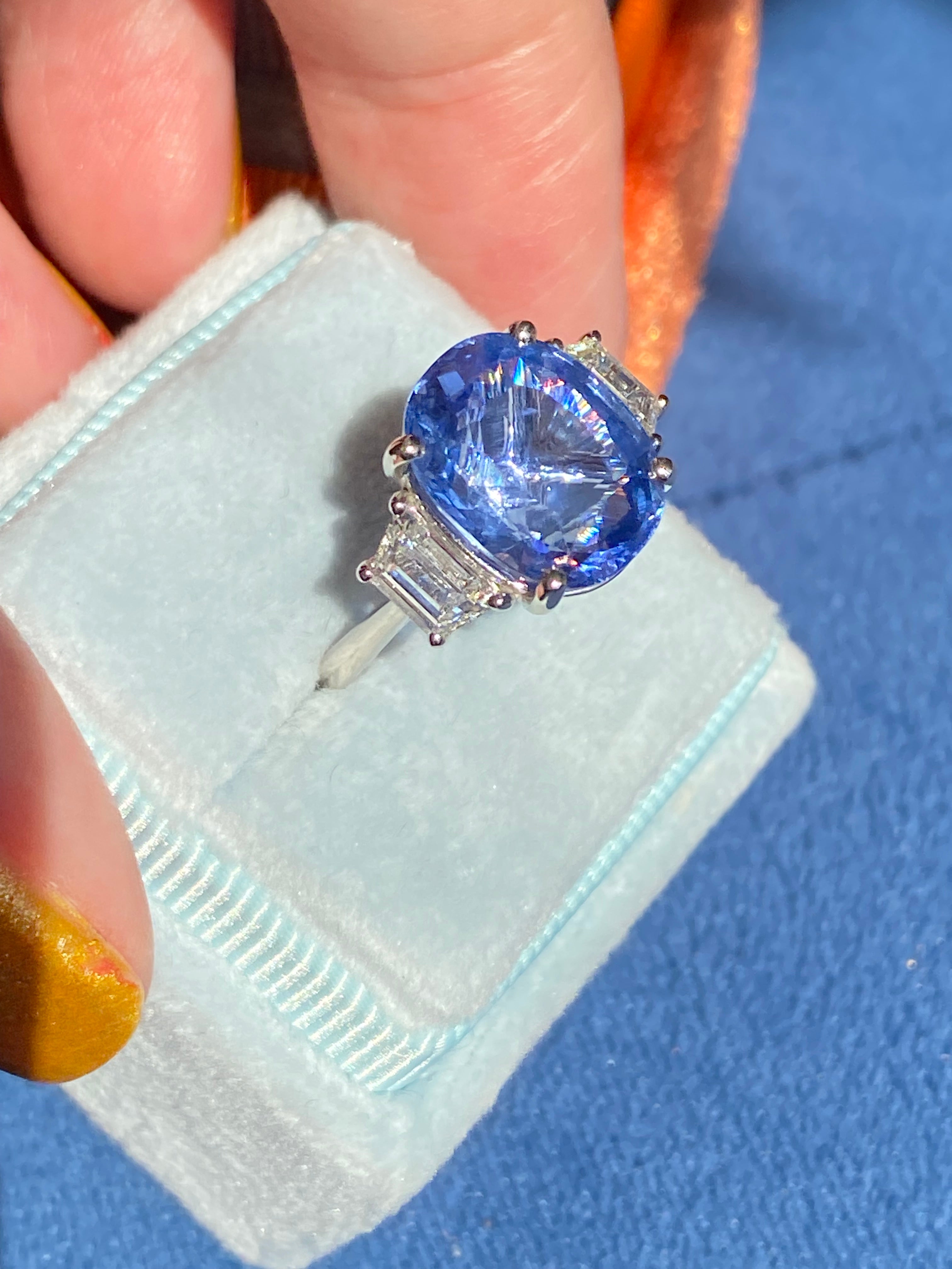6.25 Carat Unheated Blue Ceylon Sapphire and 0.95 Carat Diamond Ring