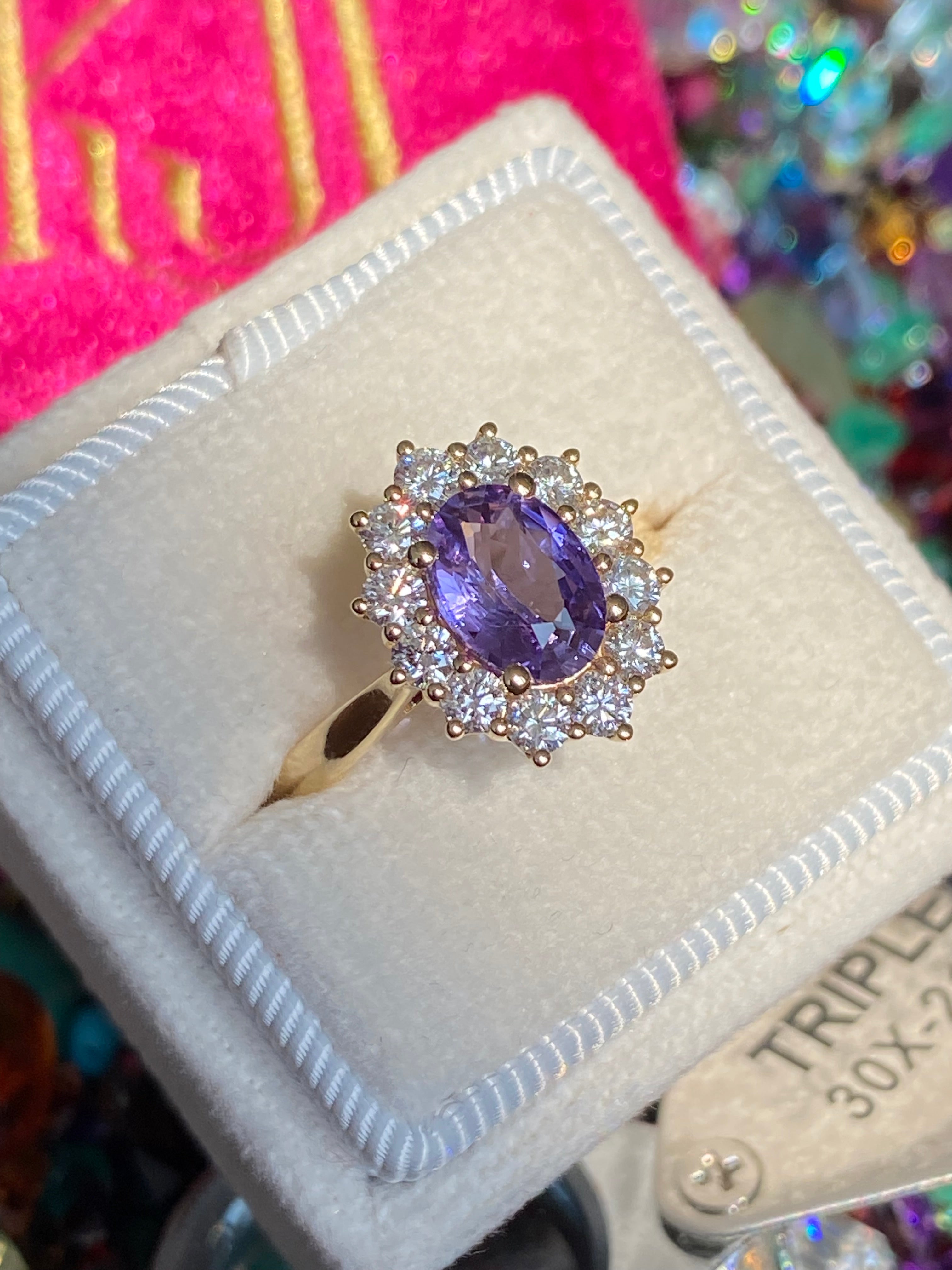 2.08 CTW Violet Sapphire and Natural Diamond Halo Ring in 18ct Yellow Gold