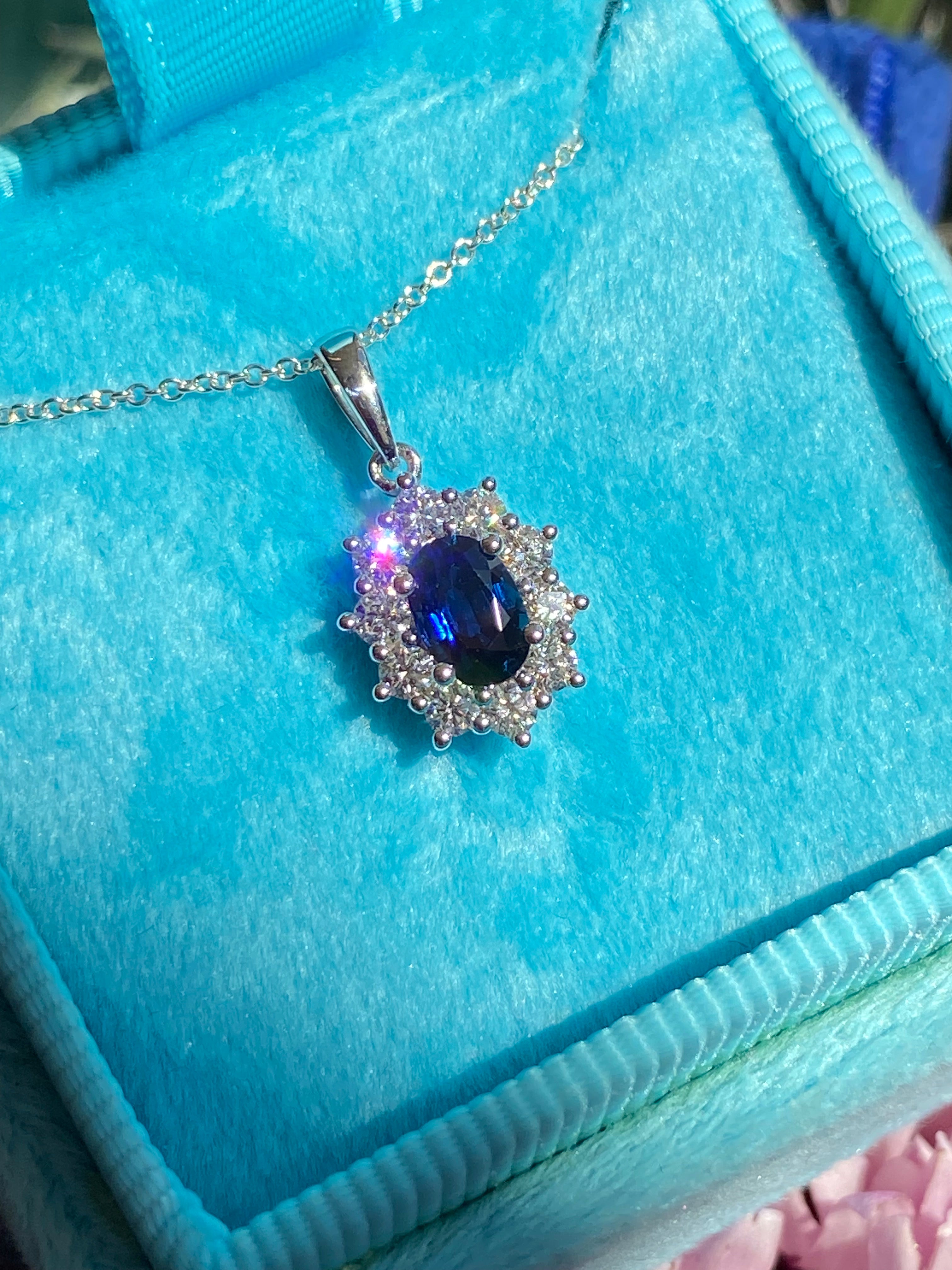 1.02 CTW Sapphire and Natural Diamond Pendant Necklace in 18ct White Gold
