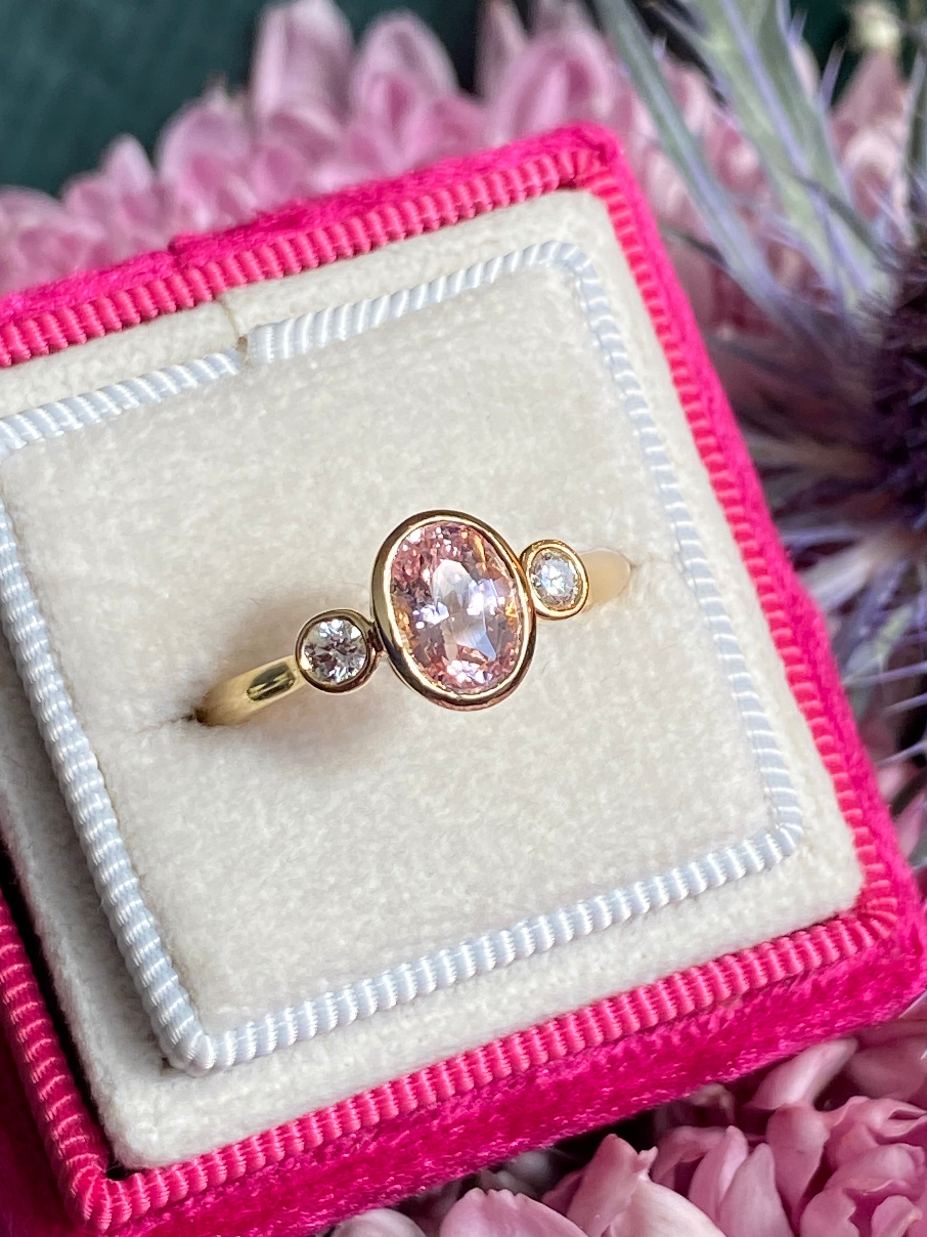 2.02 CTW Peach Sapphire and Natural Diamond Three Stone Ring in 18ct Yellow Gold