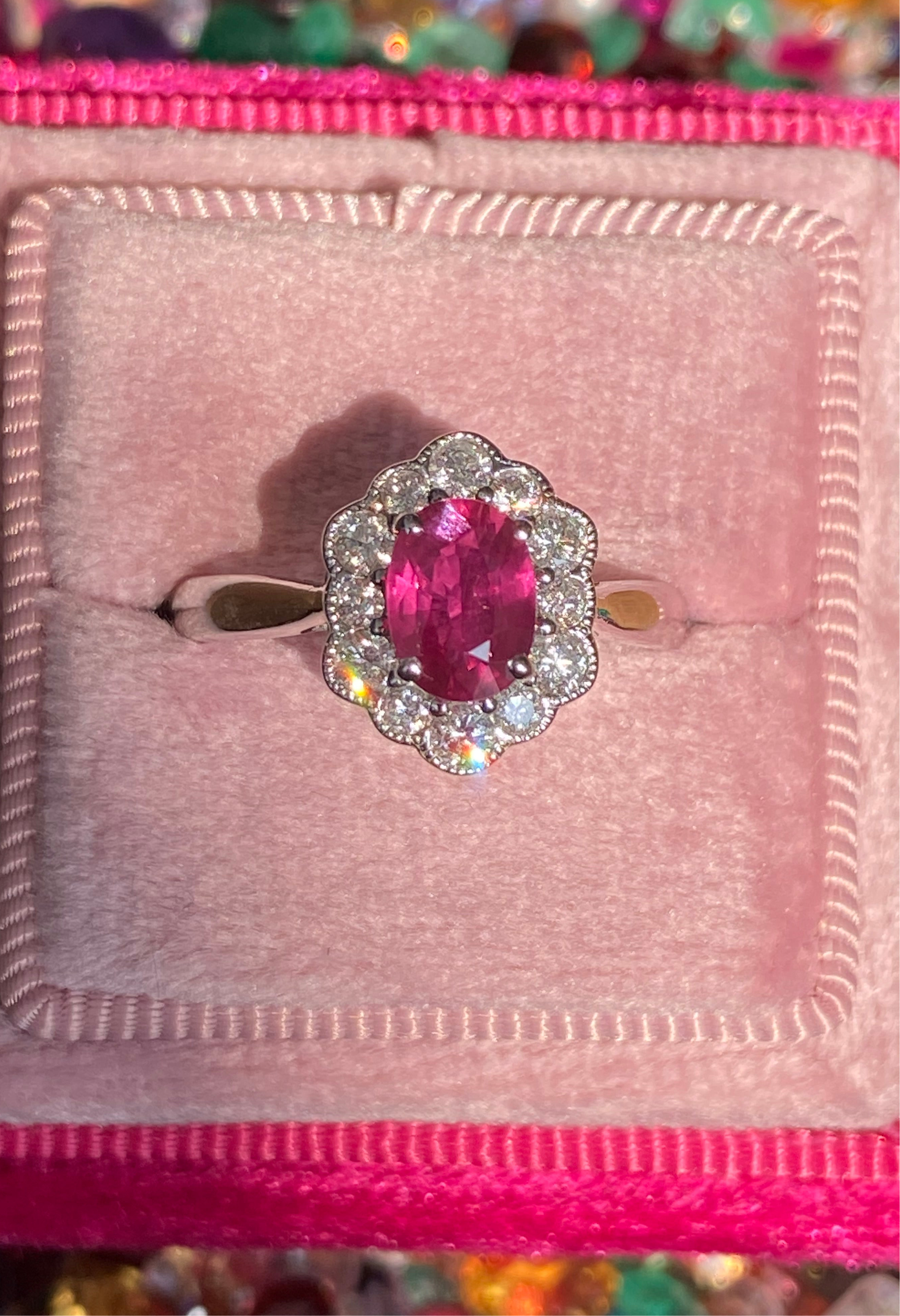1.49 CTW Ruby and Natural Diamond Halo Ring in 18ct White Gold