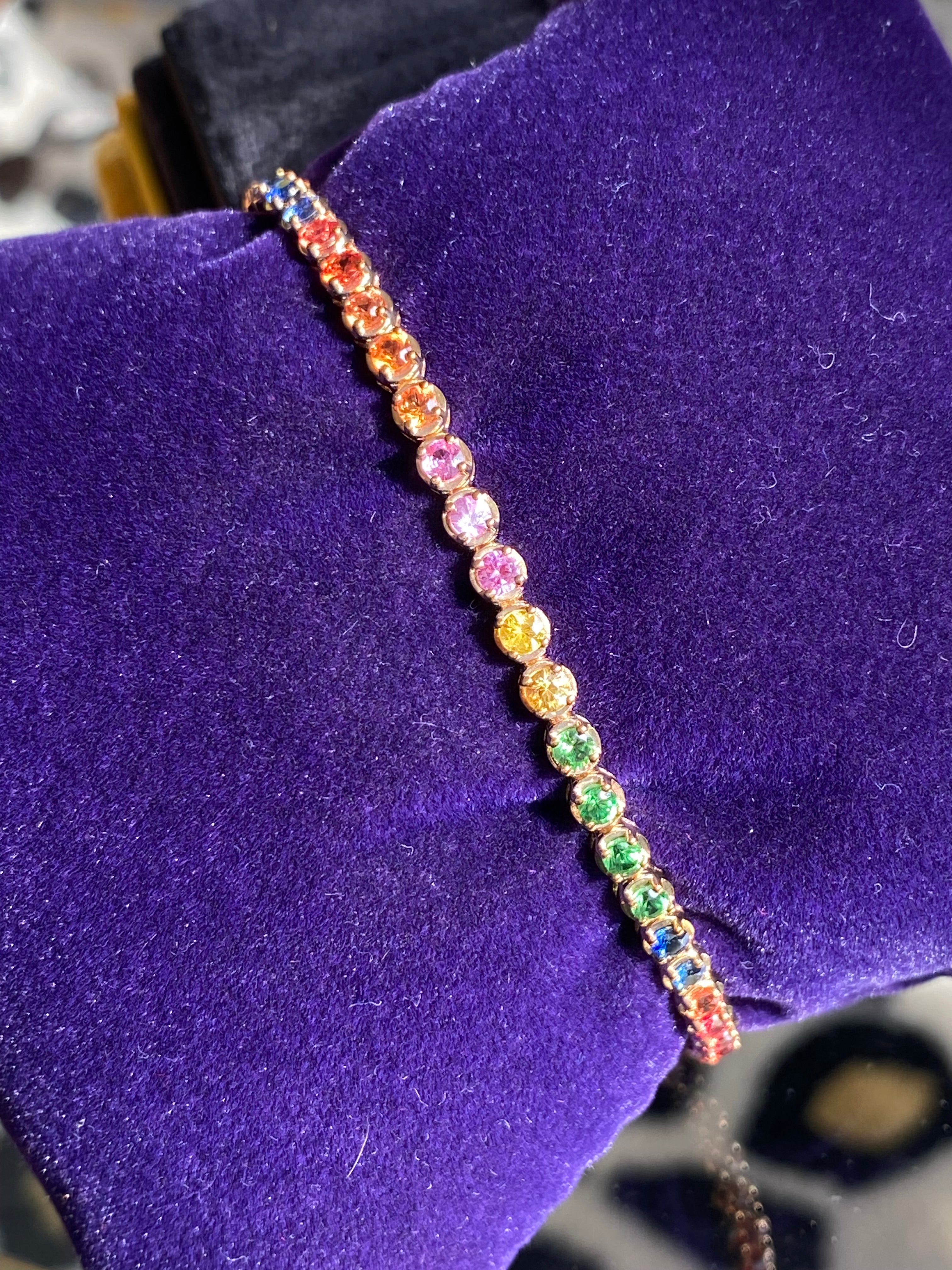 4.13 CTW Multicoloured Rainbow Ceylon Sapphire Line Bracelet in 9ct Yellow Gold
