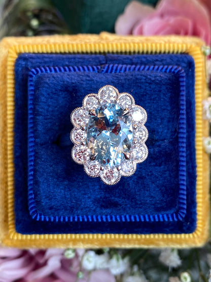 4.09 CTW Oval Cut Aquamarine and Natural Diamond Halo Engagement Ring in Platinum