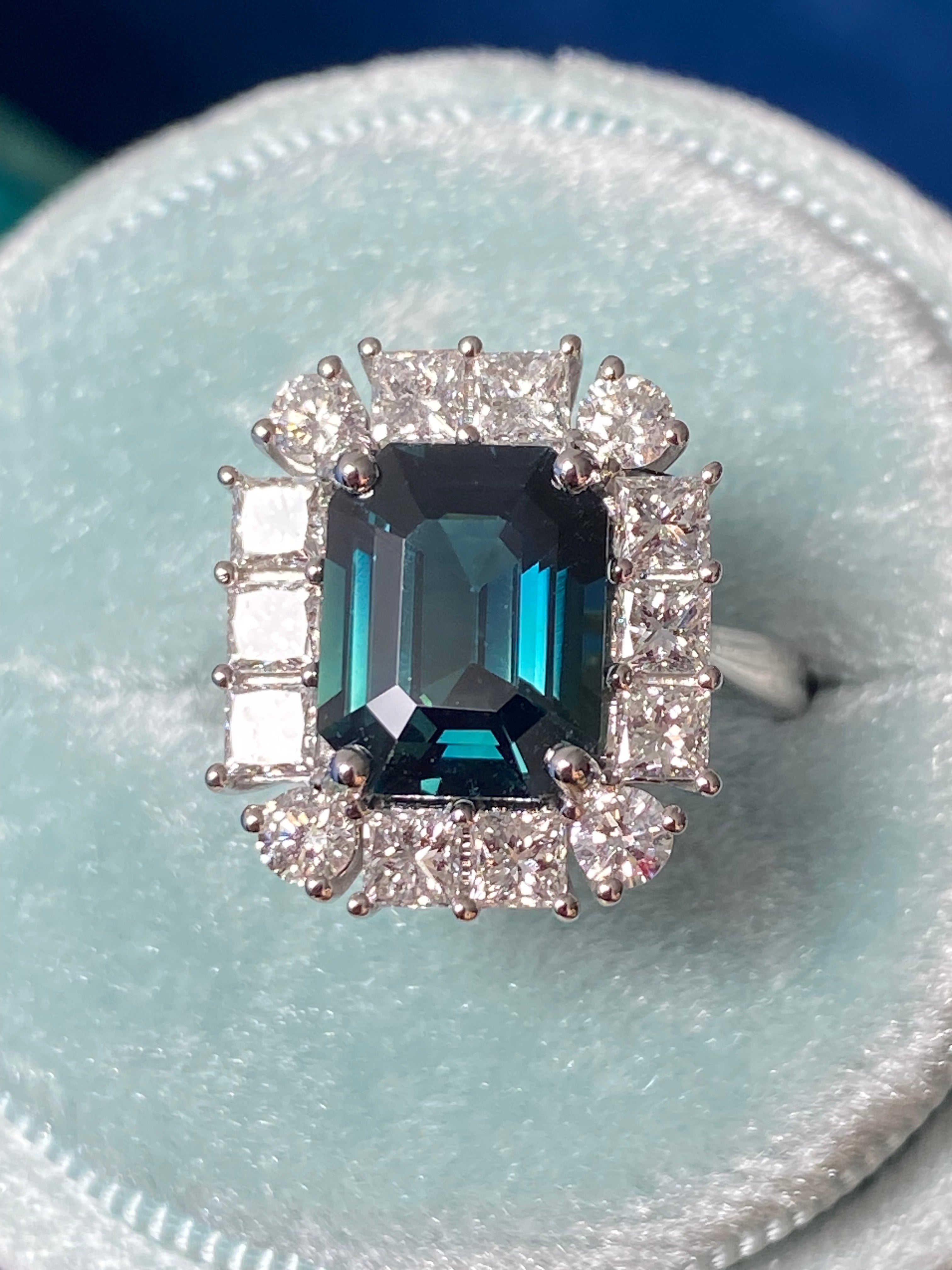 5.61 CTW Ceylon Teal Sapphire and Natural Diamond Ring in Platinum