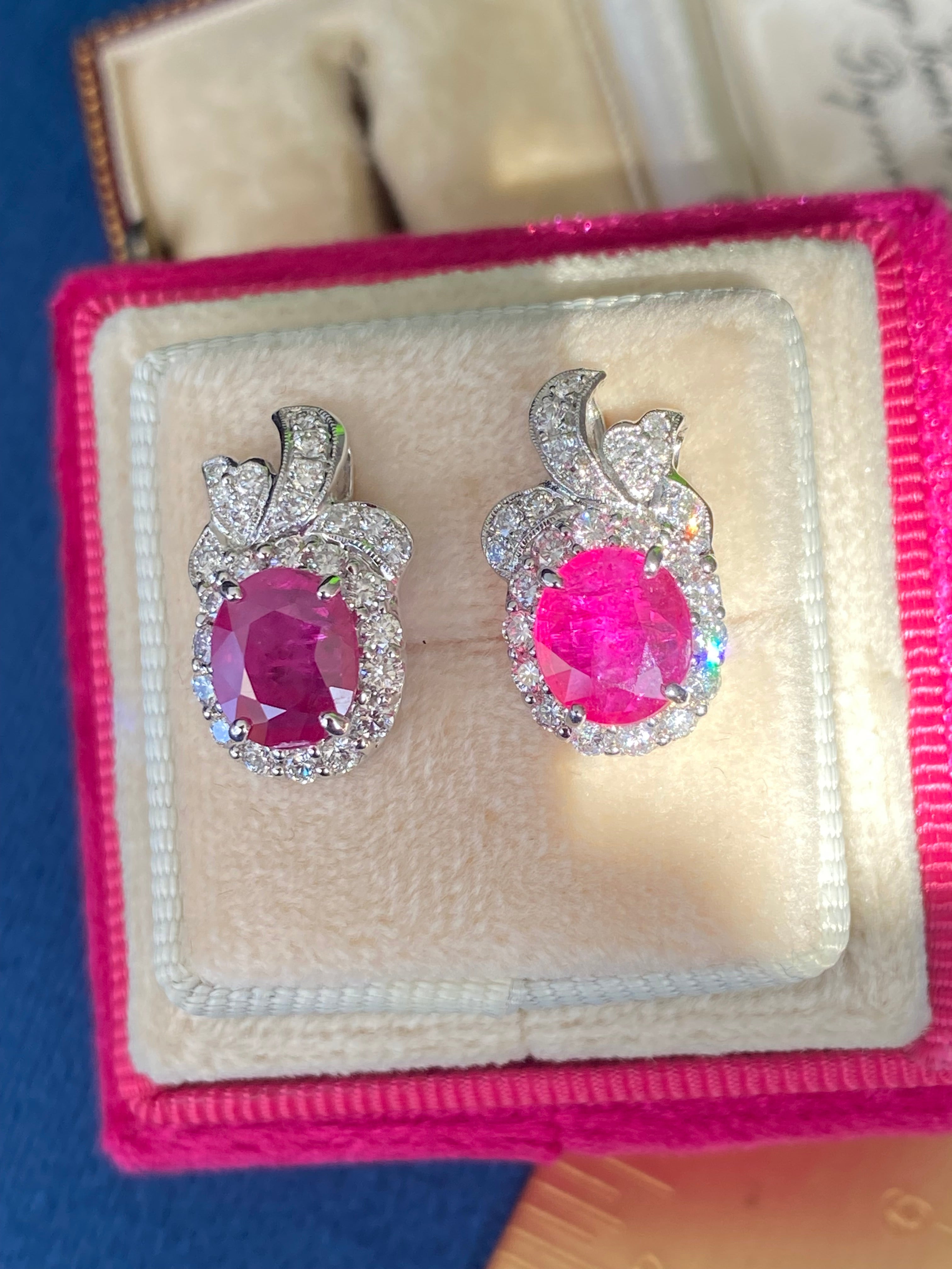 3.98 CTW Vintage Burmese Ruby Stud Earrings in 18ct White Gold