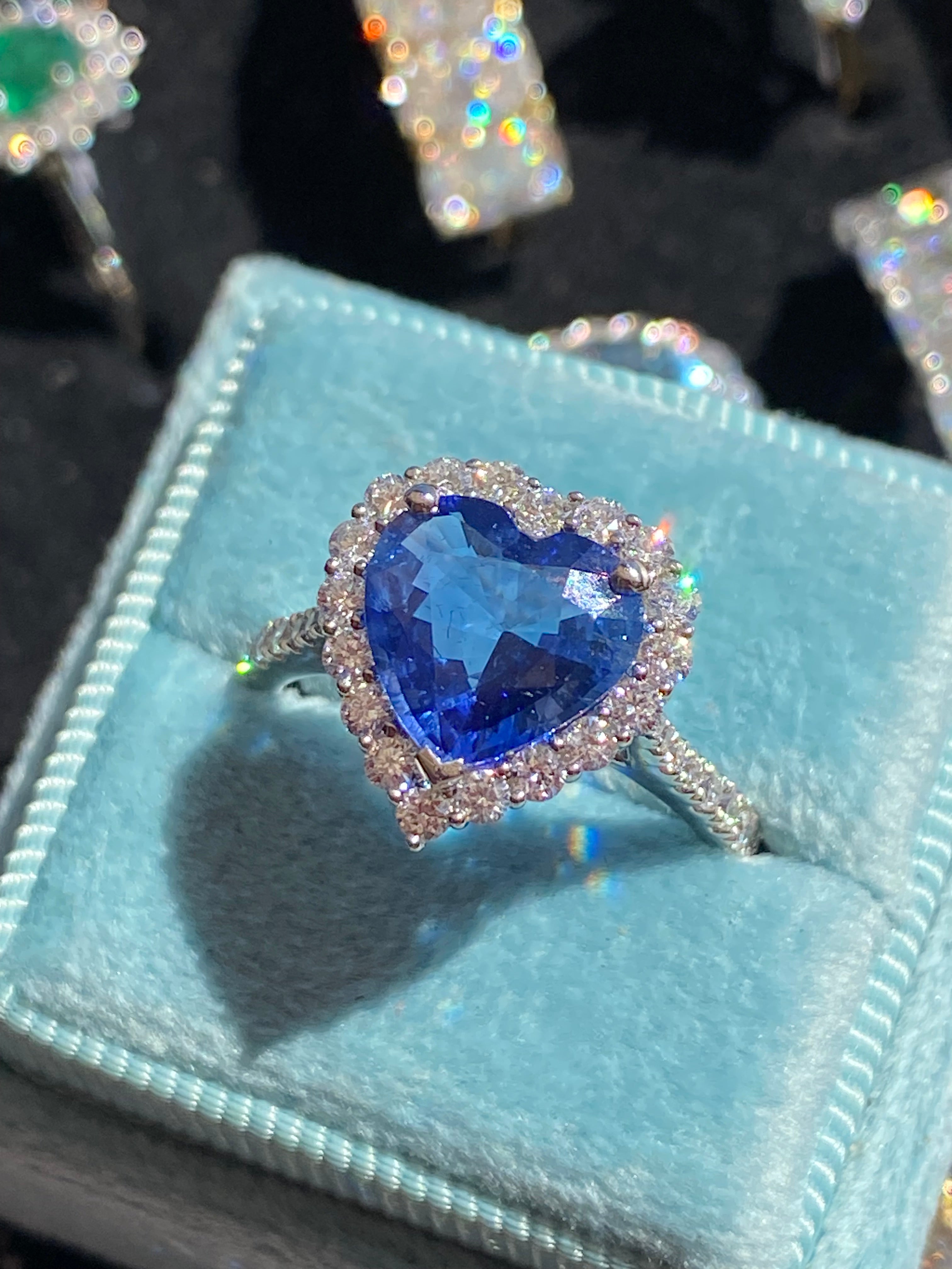 2.56 Carat Heart Shape Ceylon Sapphire and Natural Diamond Halo Ring in Platinum