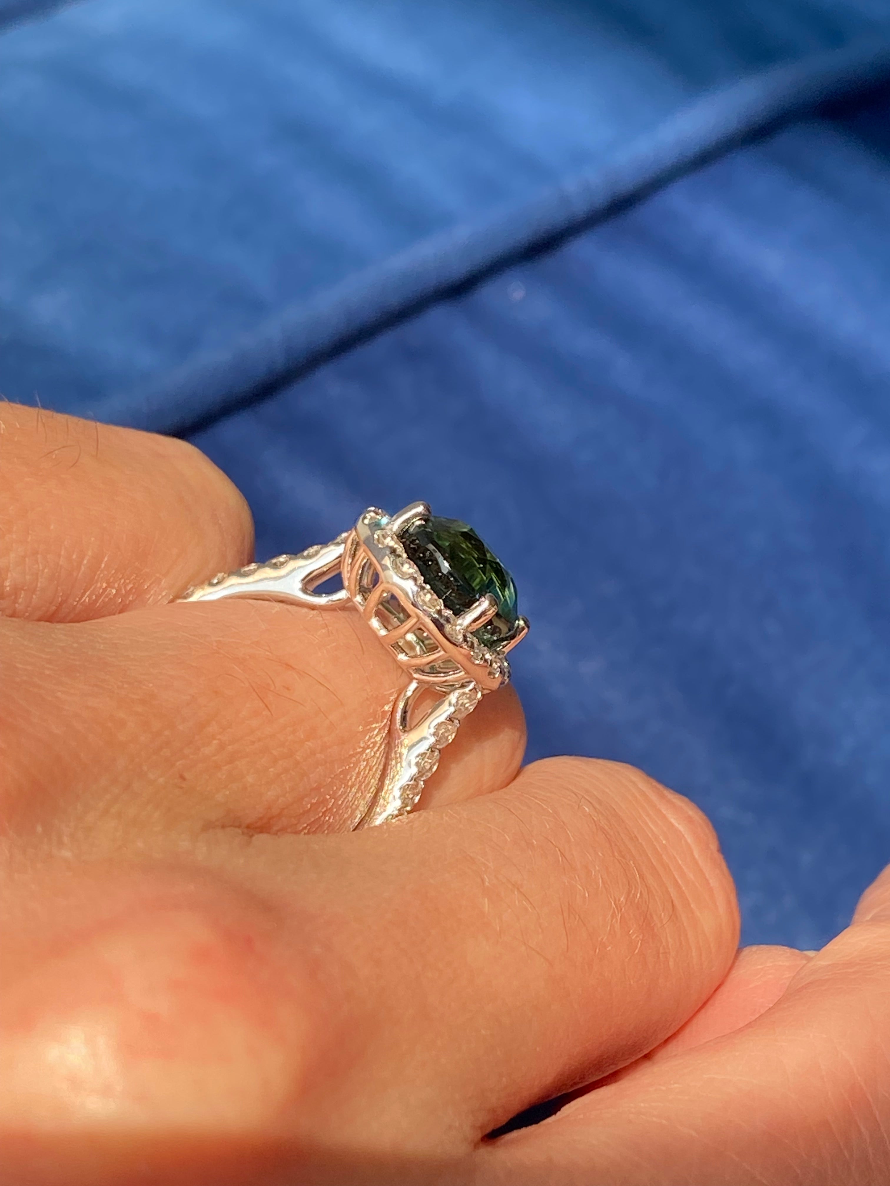5.45 CTW Green Tourmaline and Natural Diamond Halo Ring in Platinum