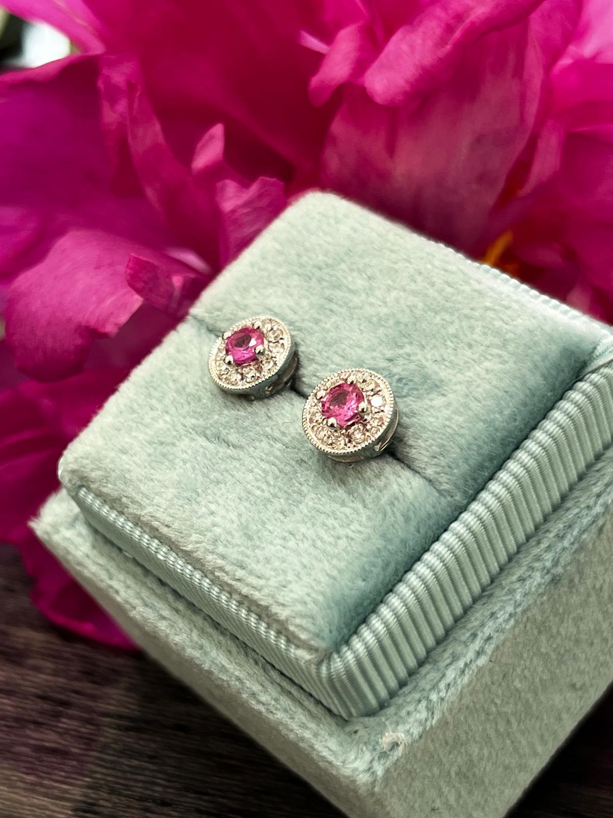 Pink Sapphire and Natural Diamond Halo Stud Earrings in 18ct White Gold