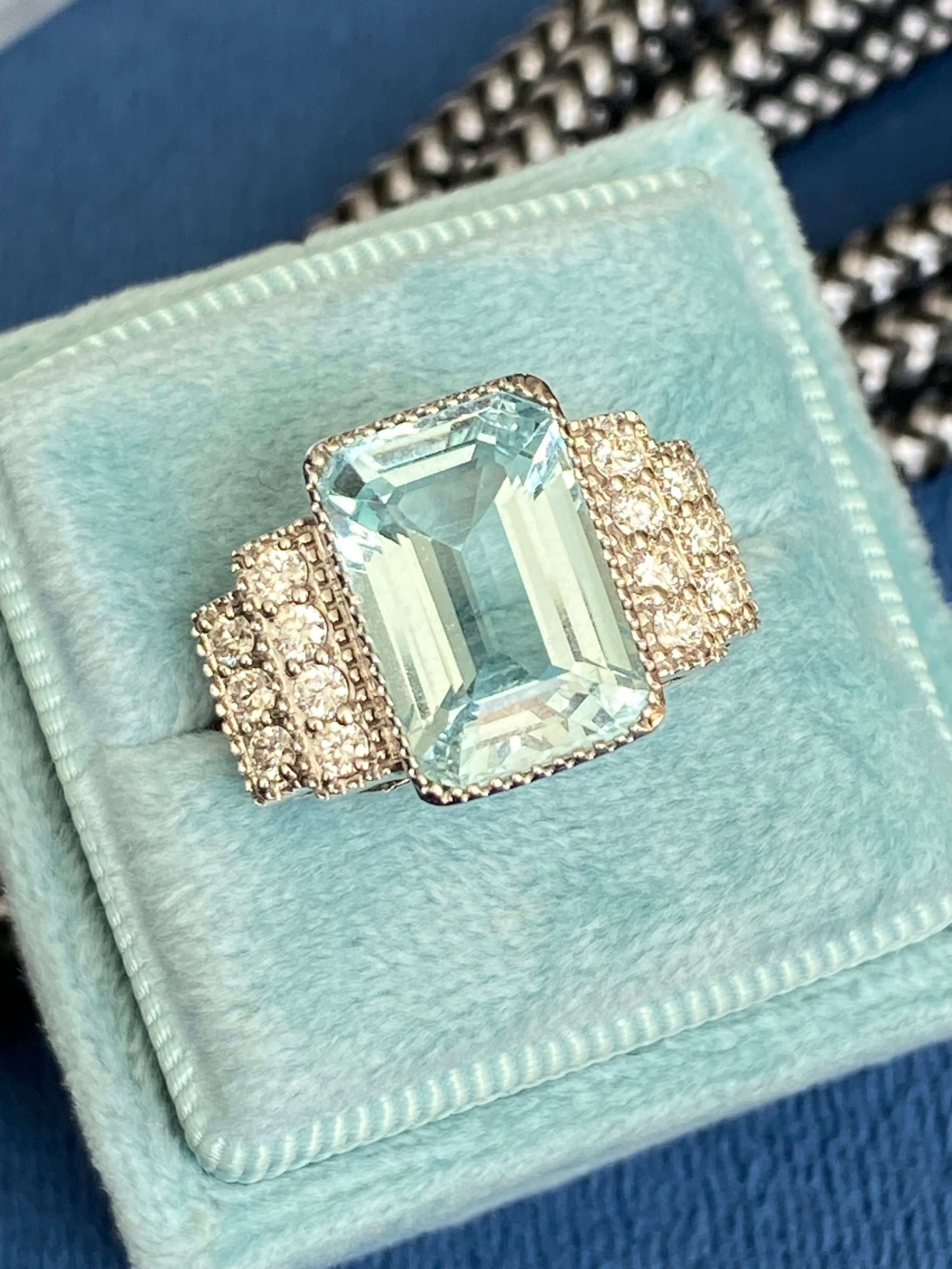 6.29 CTW Art Deco Style Aquamarine and Diamond Ring in 18ct White Gold