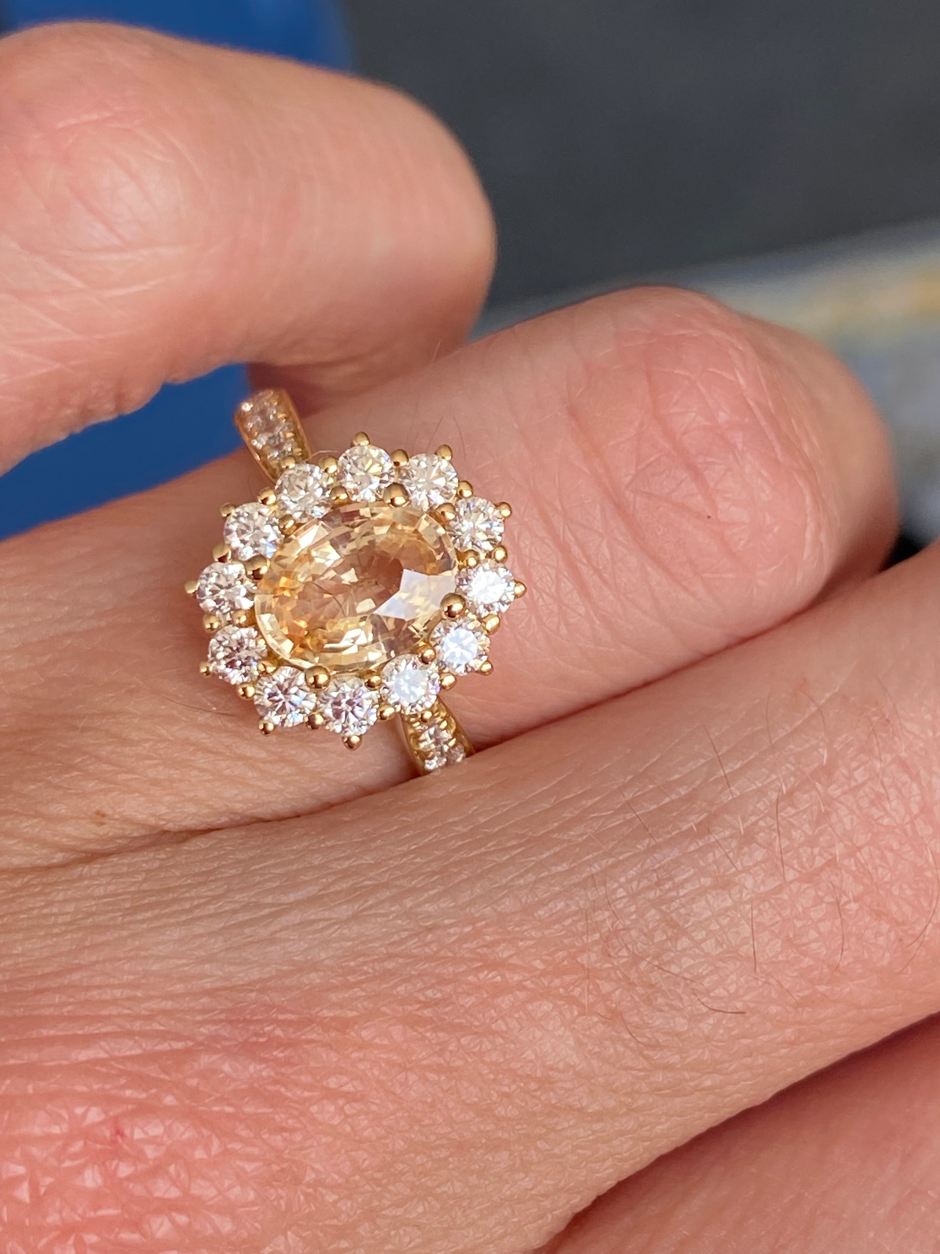 2.24 CTW Peach Sapphire and Natural Diamond Halo Ring in 18ct Yellow Gold