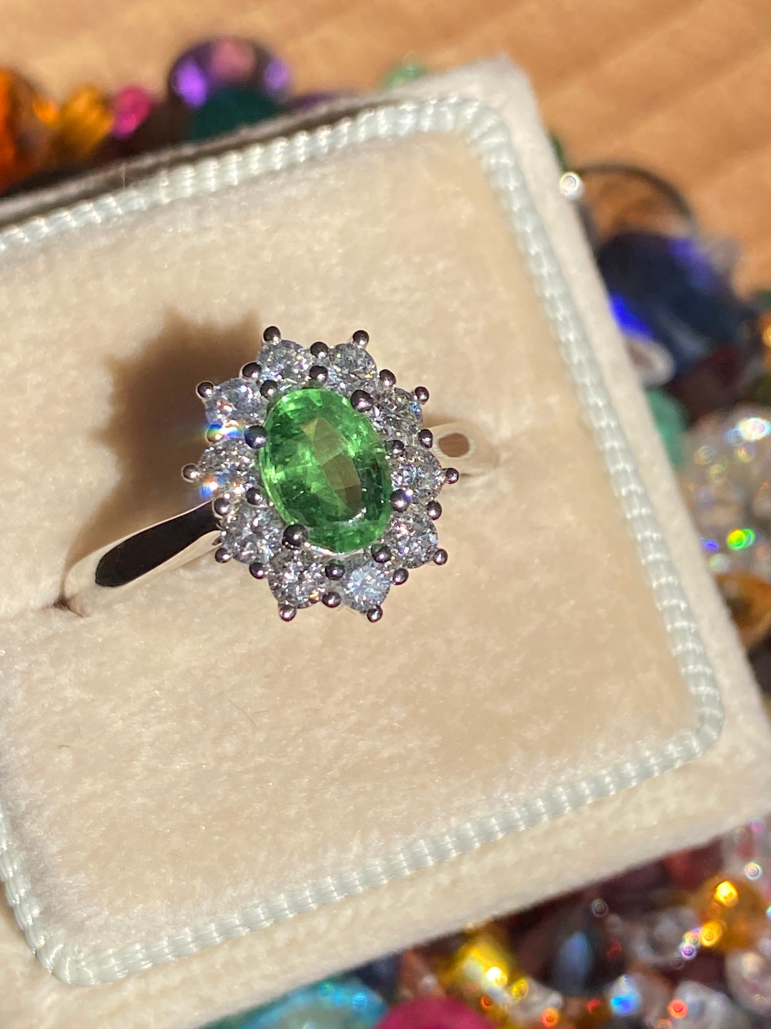 1.32 CTW Tsavorite Garnet and Natural Diamond Halo Ring in Platinum
