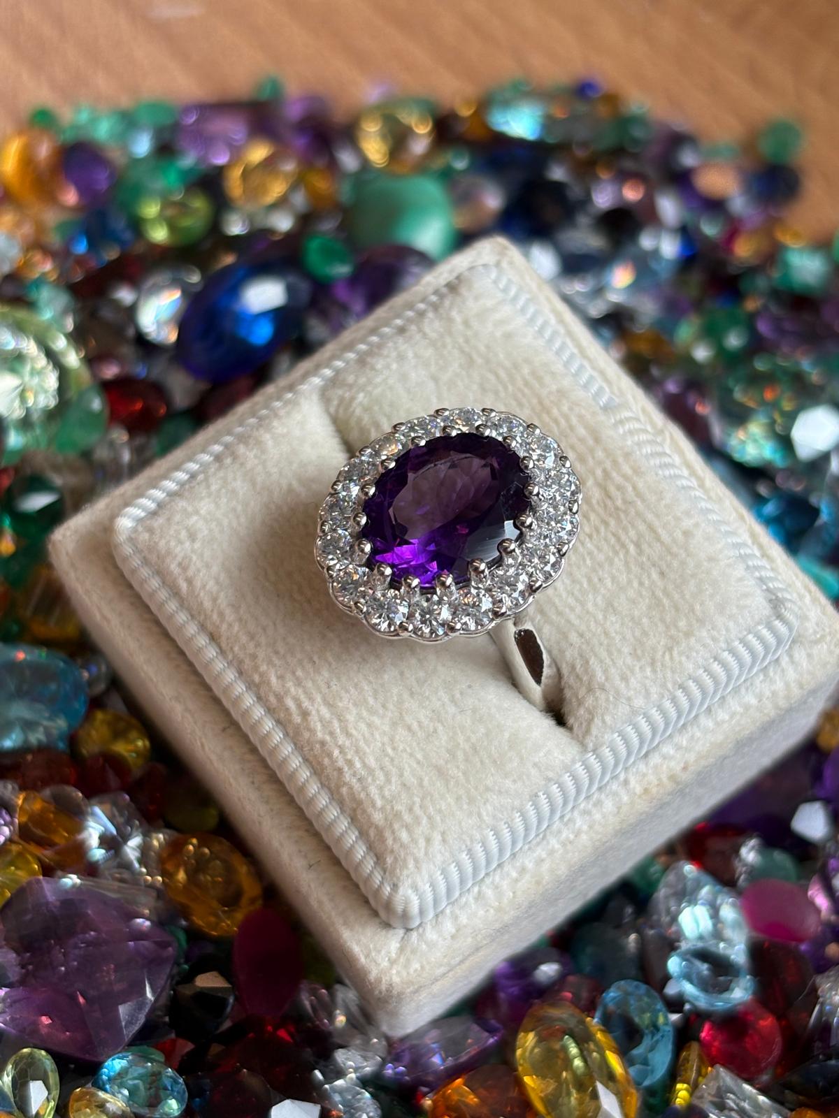 4.50 CTW Oval Cut Amethyst and Moissanite Halo Cocktail Ring