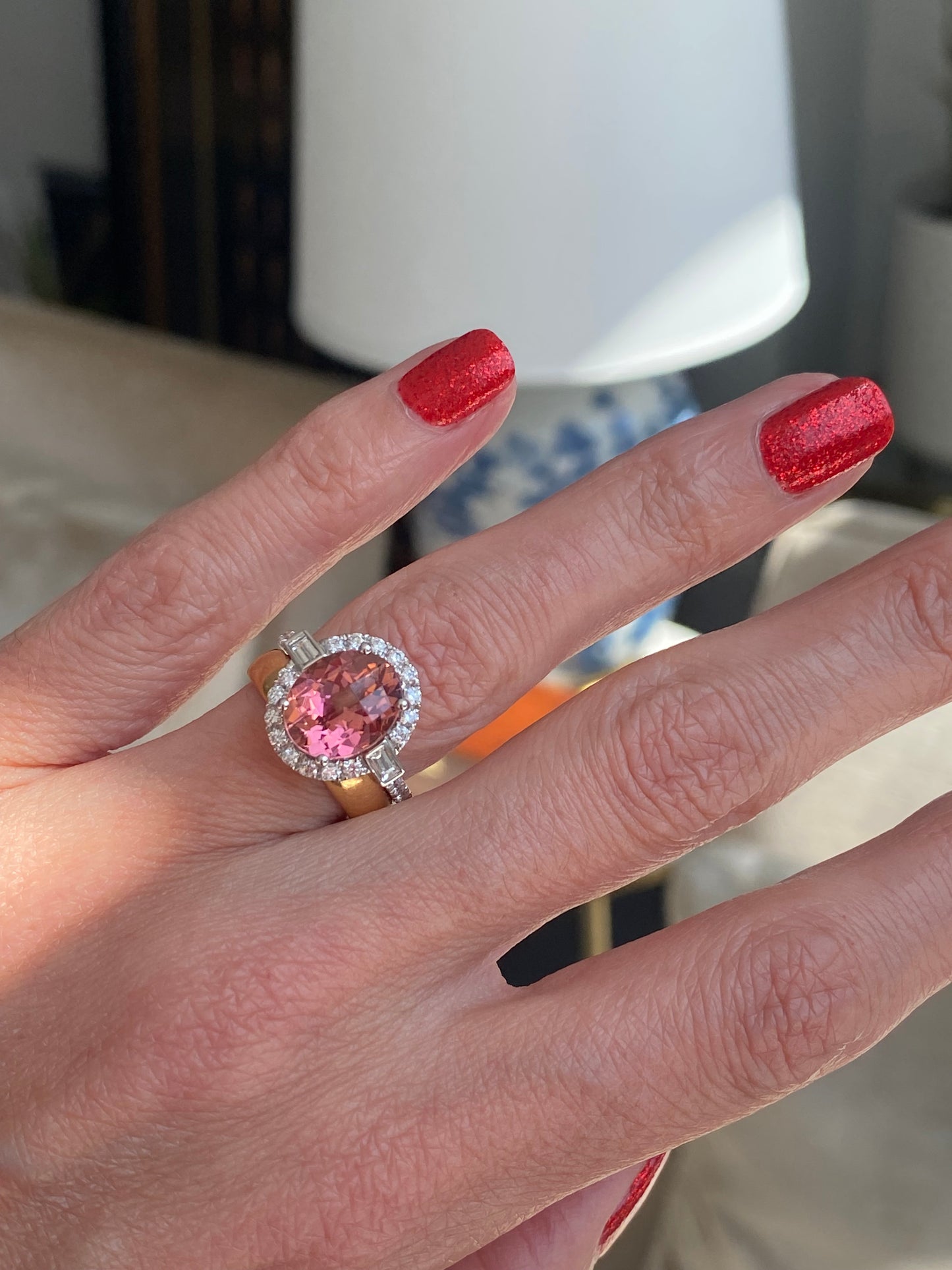3.47 Carat Chequerboard Cut Pink Tourmaline and Natural Diamond Ring in Platinum