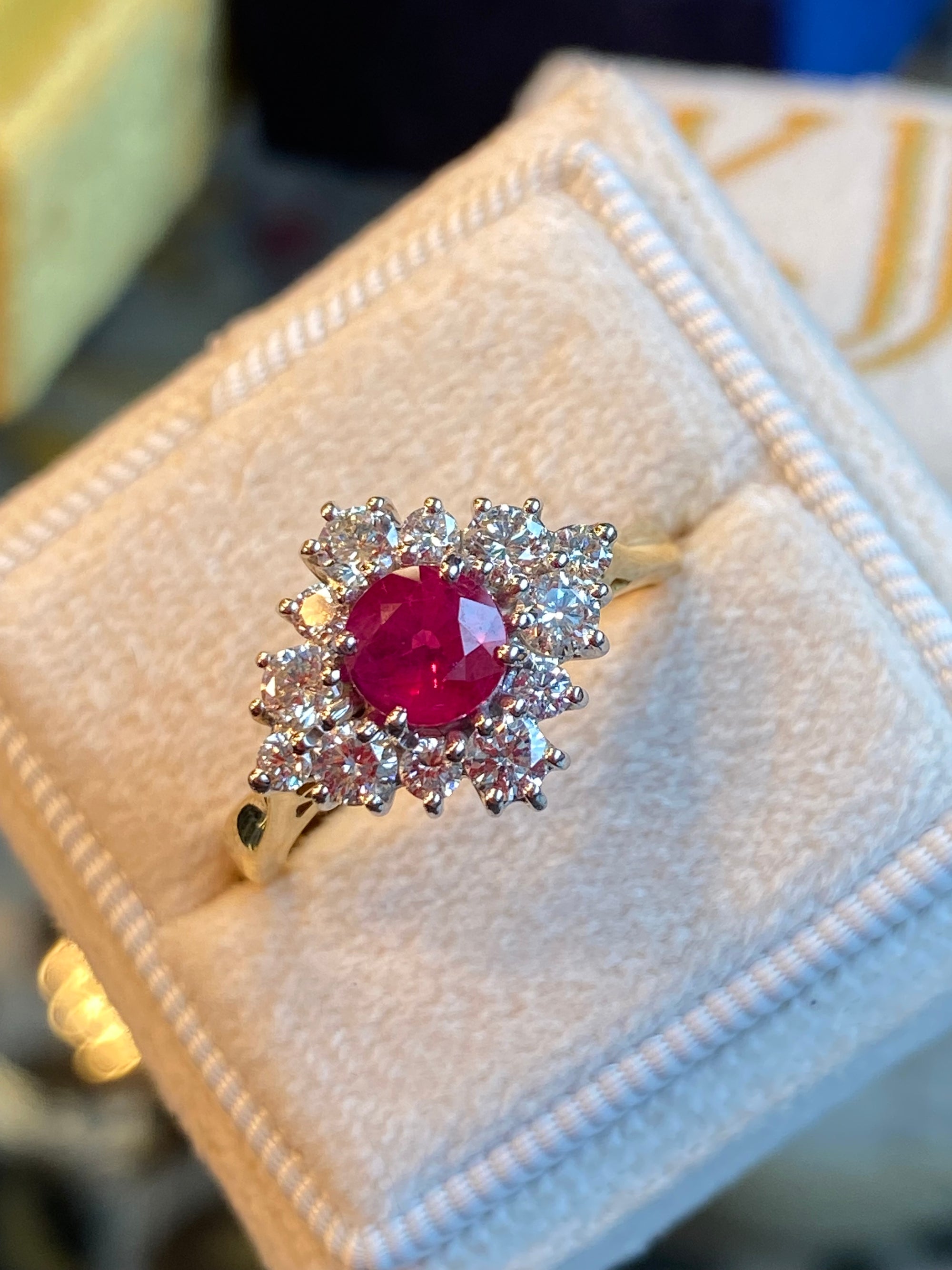 1.31 CTW Round-Cut Ruby and Natural Diamond Halo Ring in 18ct White and Yellow Gold