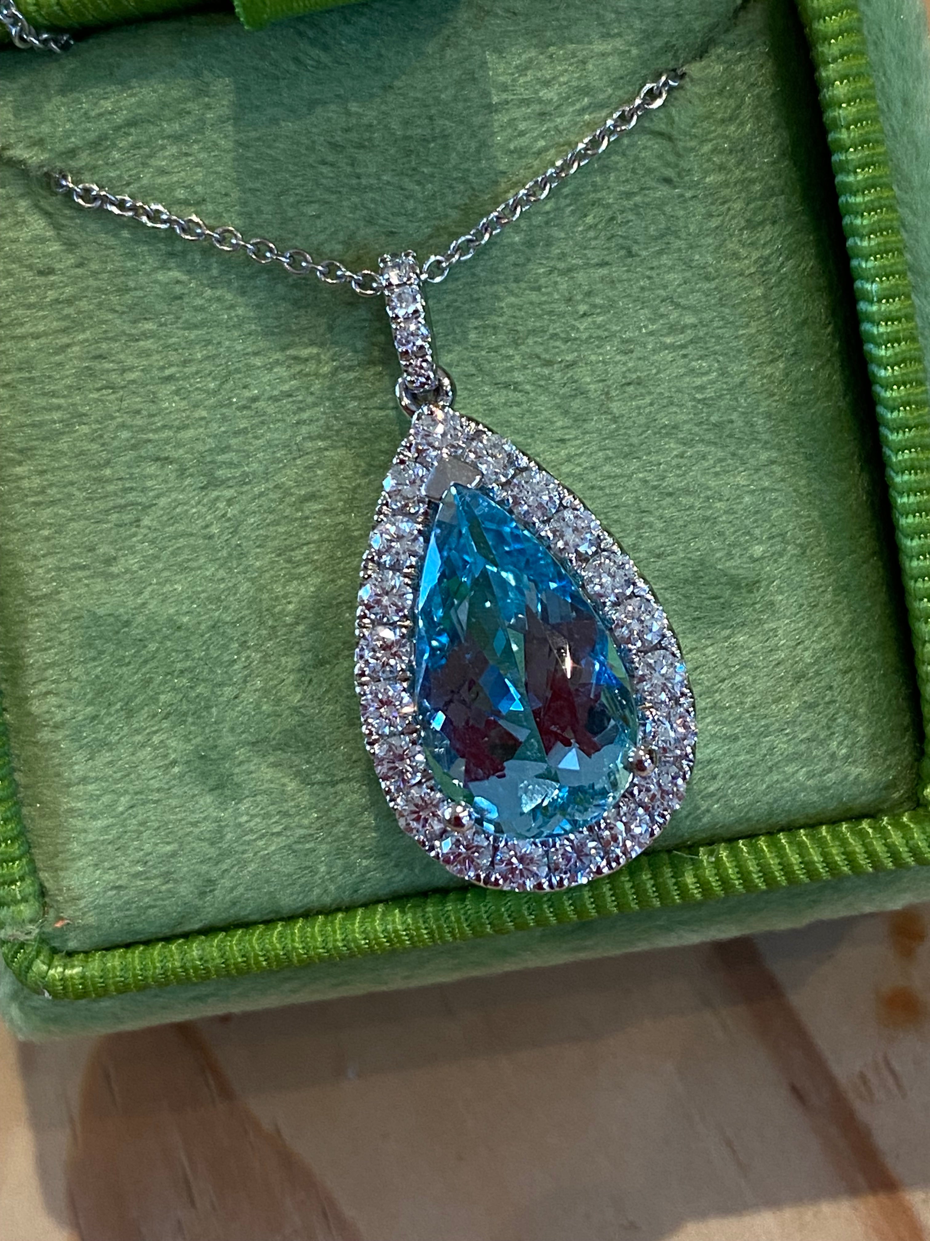 5.14 CTW Pear Cut Aquamarine and Natural Diamond Pendant Necklace in 18ct White Gold