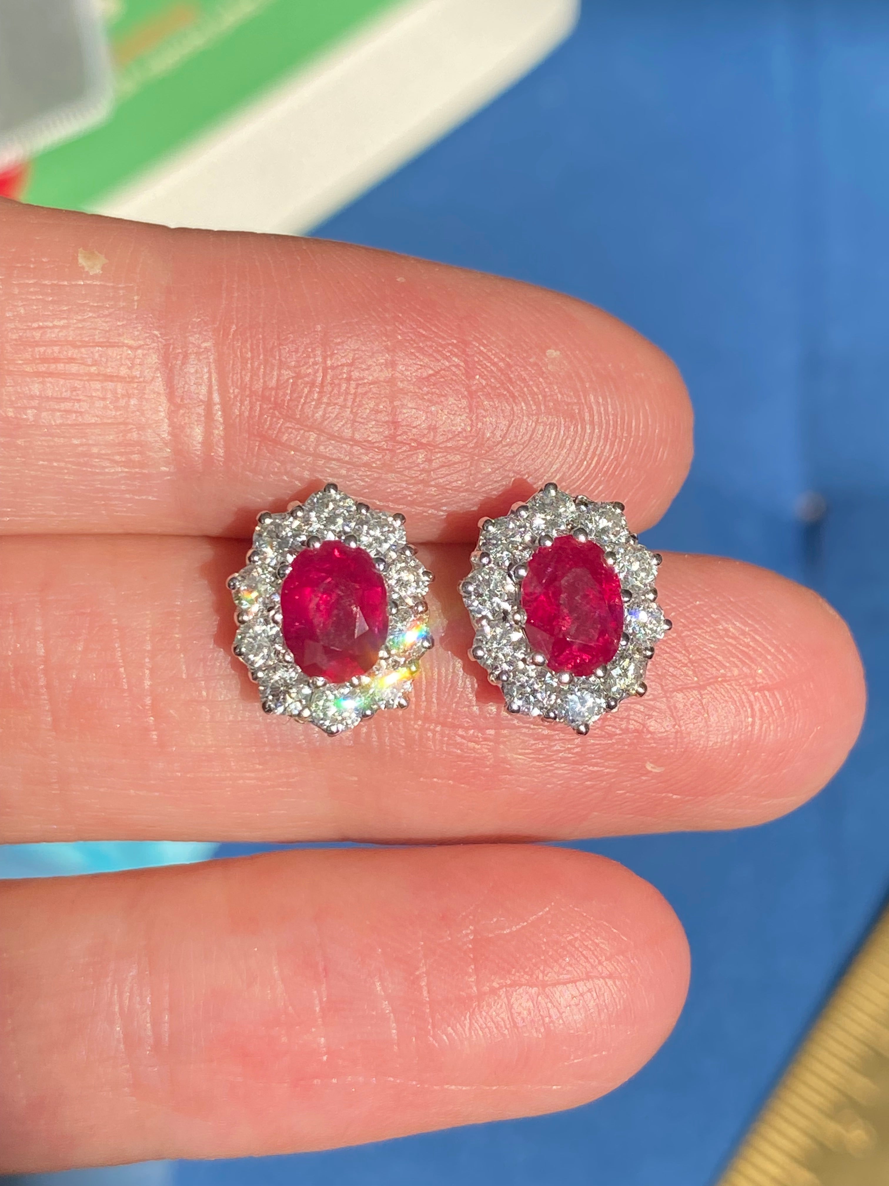 3.37 CTW Ruby and Natural Diamond Stud Earrings in 18ct White Gold