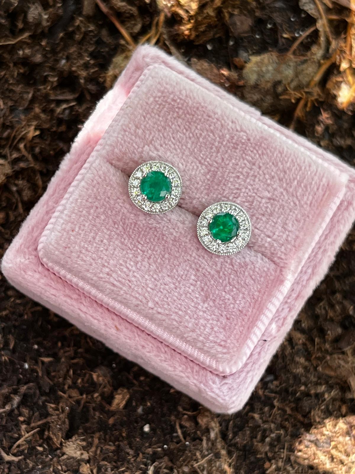 Emerald and Natural Diamond Halo Stud Earrings in 18ct White Gold