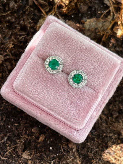 Emerald and Natural Diamond Halo Stud Earrings in 18ct White Gold