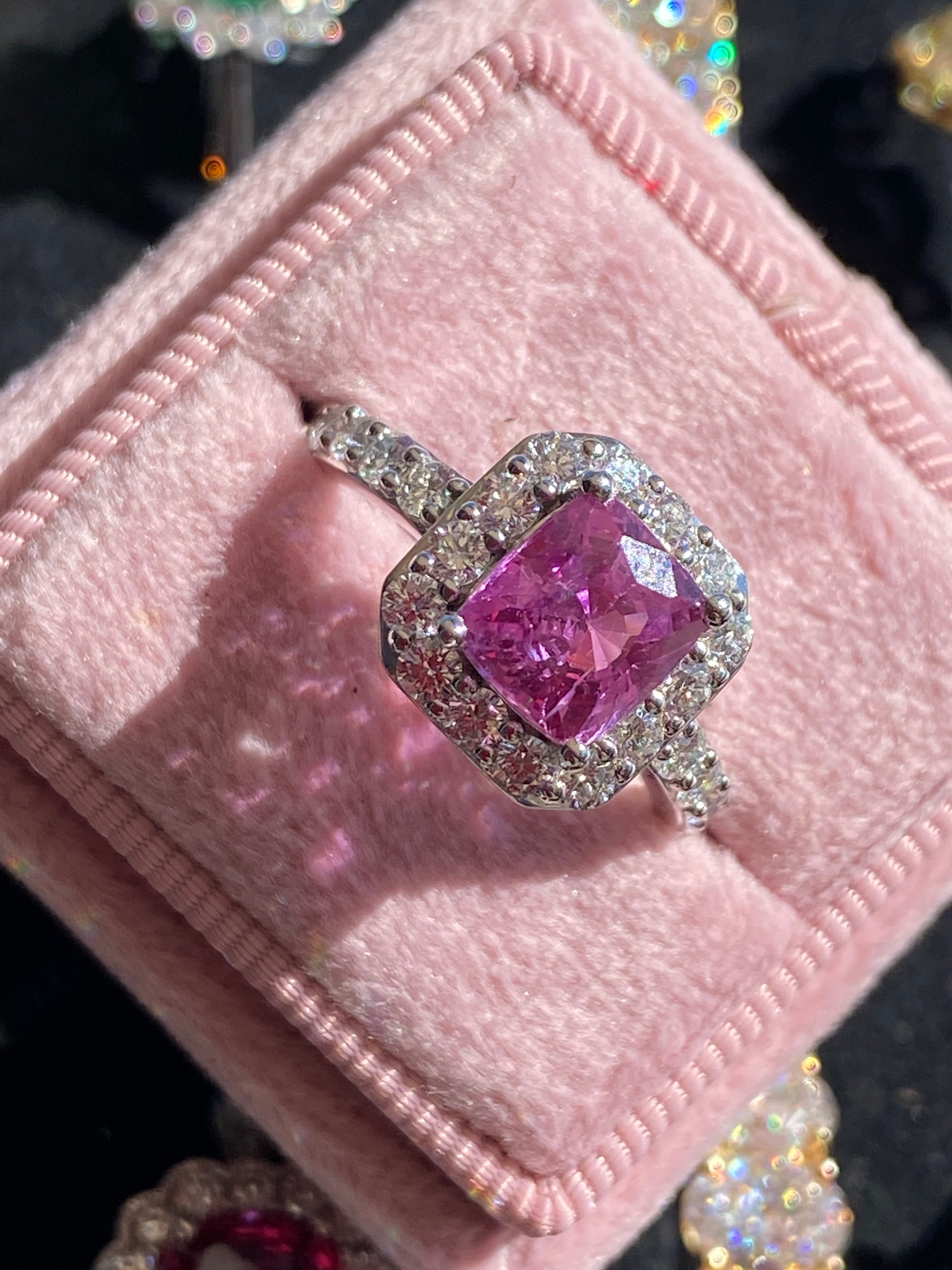 3.08 CTW Cushion Cut Pink Sapphire and Natural Diamond Art Deco Style Ring in Platinum