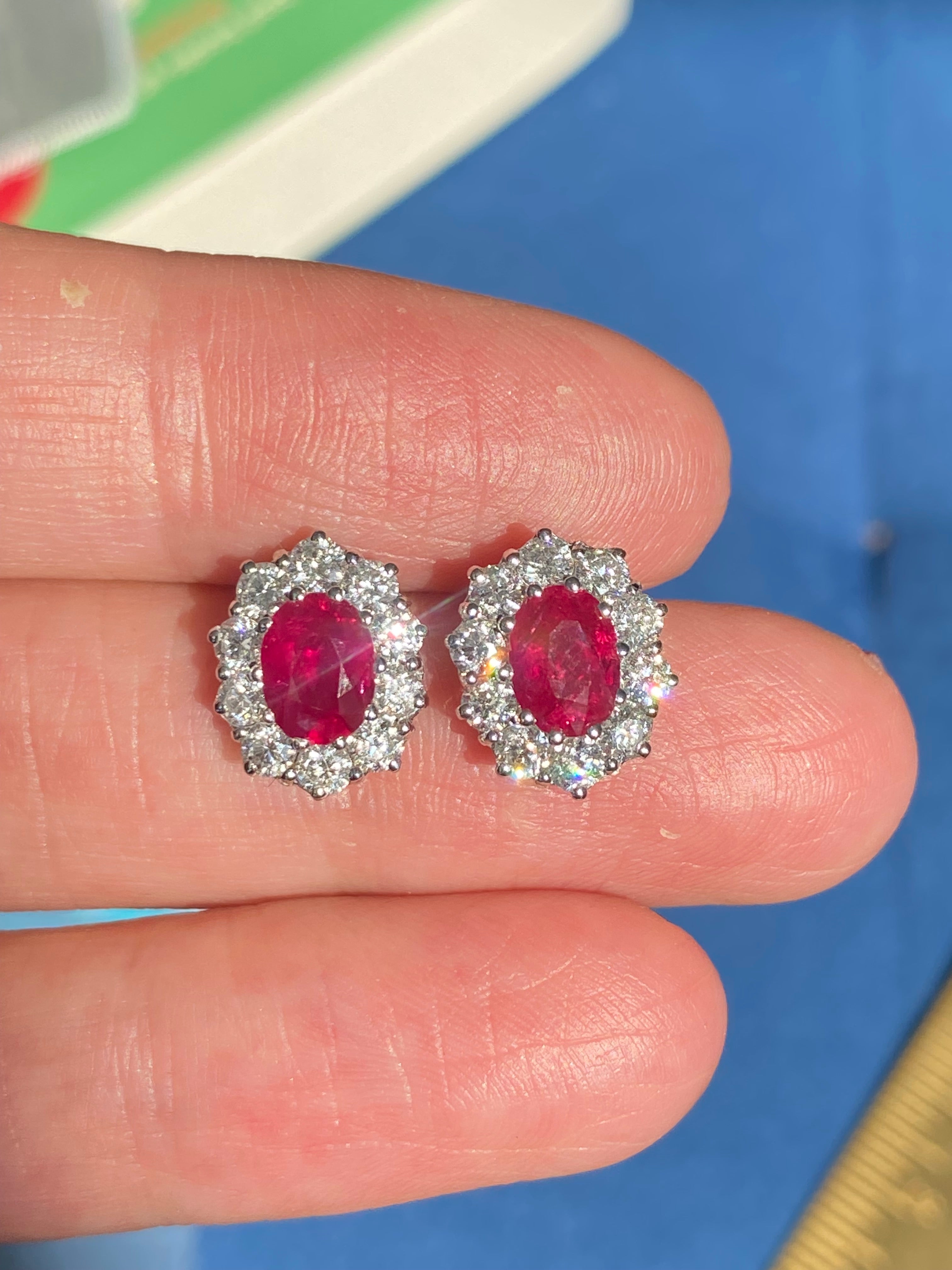 3.37 CTW Ruby and Natural Diamond Stud Earrings in 18ct White Gold