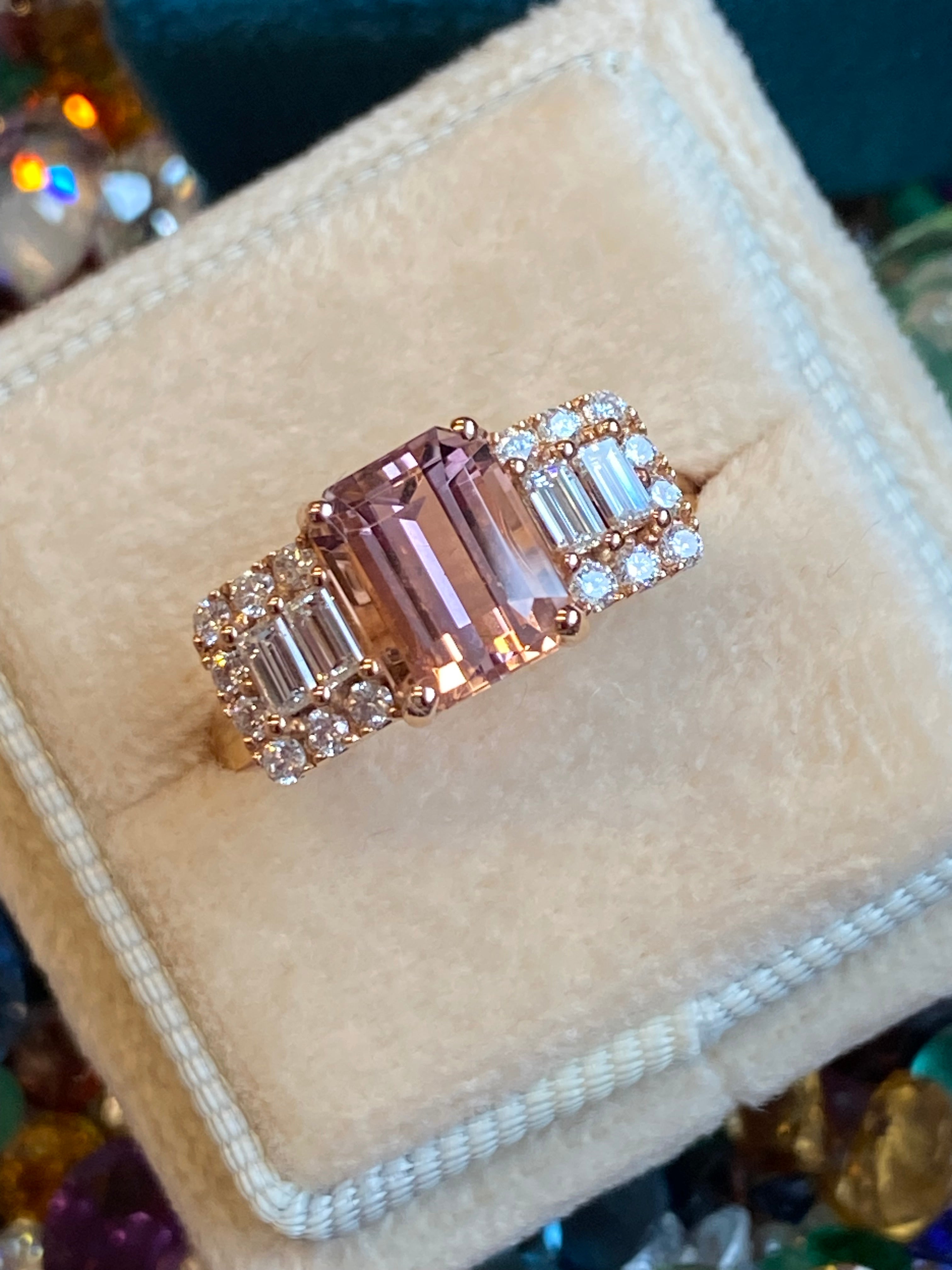 2.49 CTW Emerald Cut Morganite and Diamond Three Stone Style Engagement Ring in 18ct Rose Gold