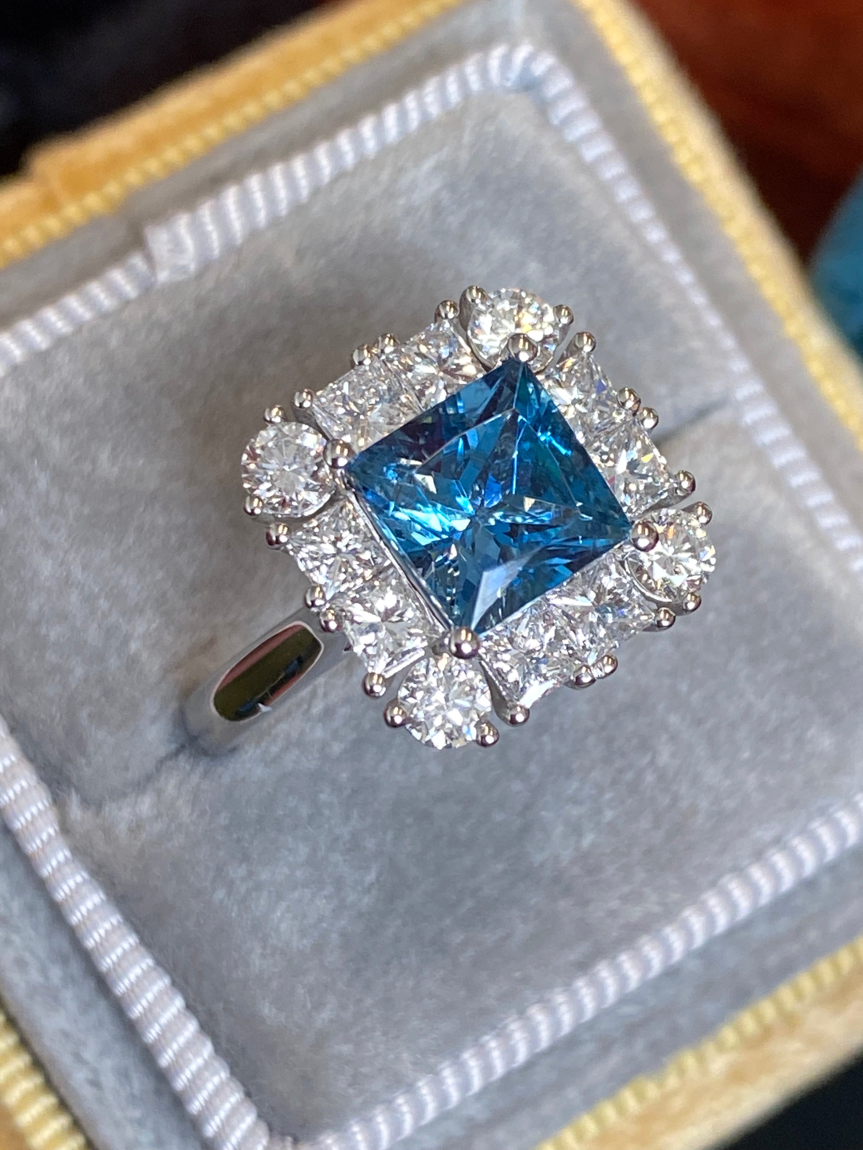 1.55 Carat Princess Cut Aquamarine and 1.32 CTW Natural Diamond Halo Engagement Ring in Platinum