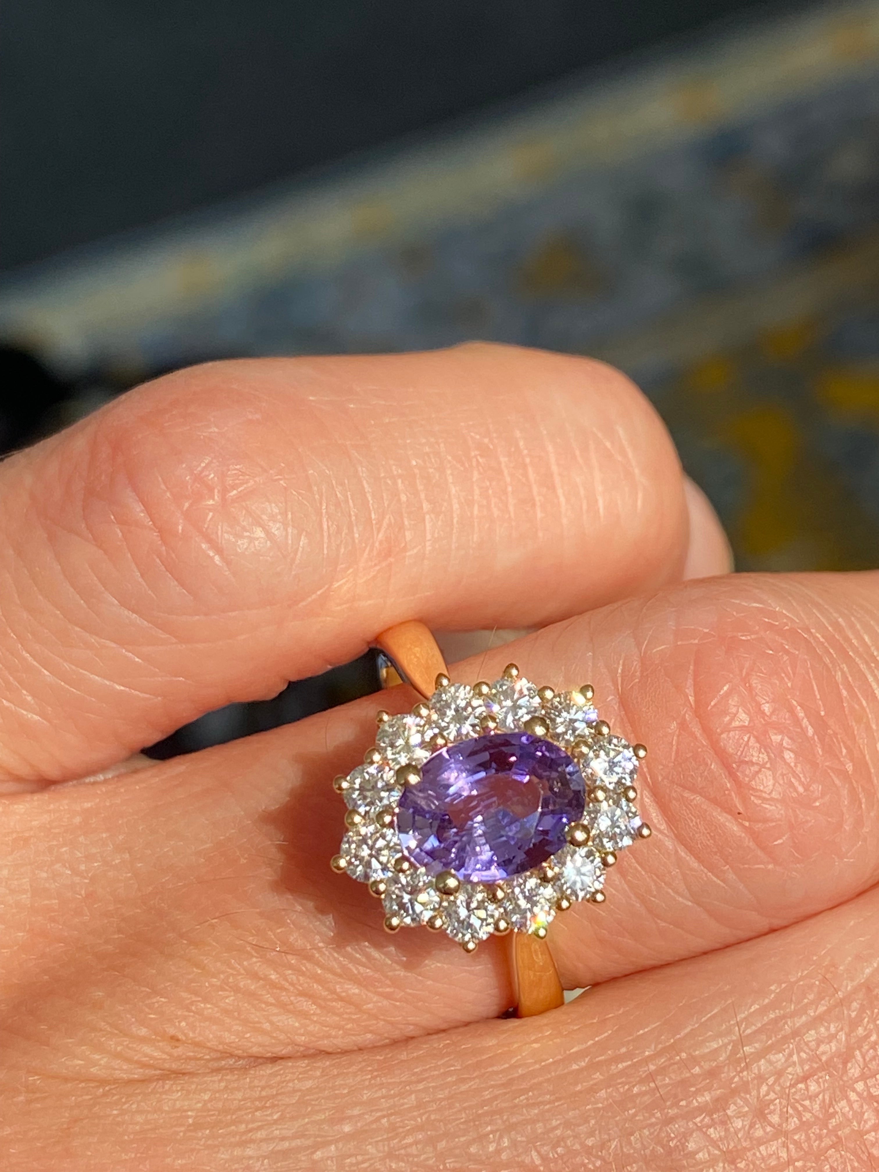 2.08 CTW Violet Sapphire and Natural Diamond Halo Ring in 18ct Yellow Gold