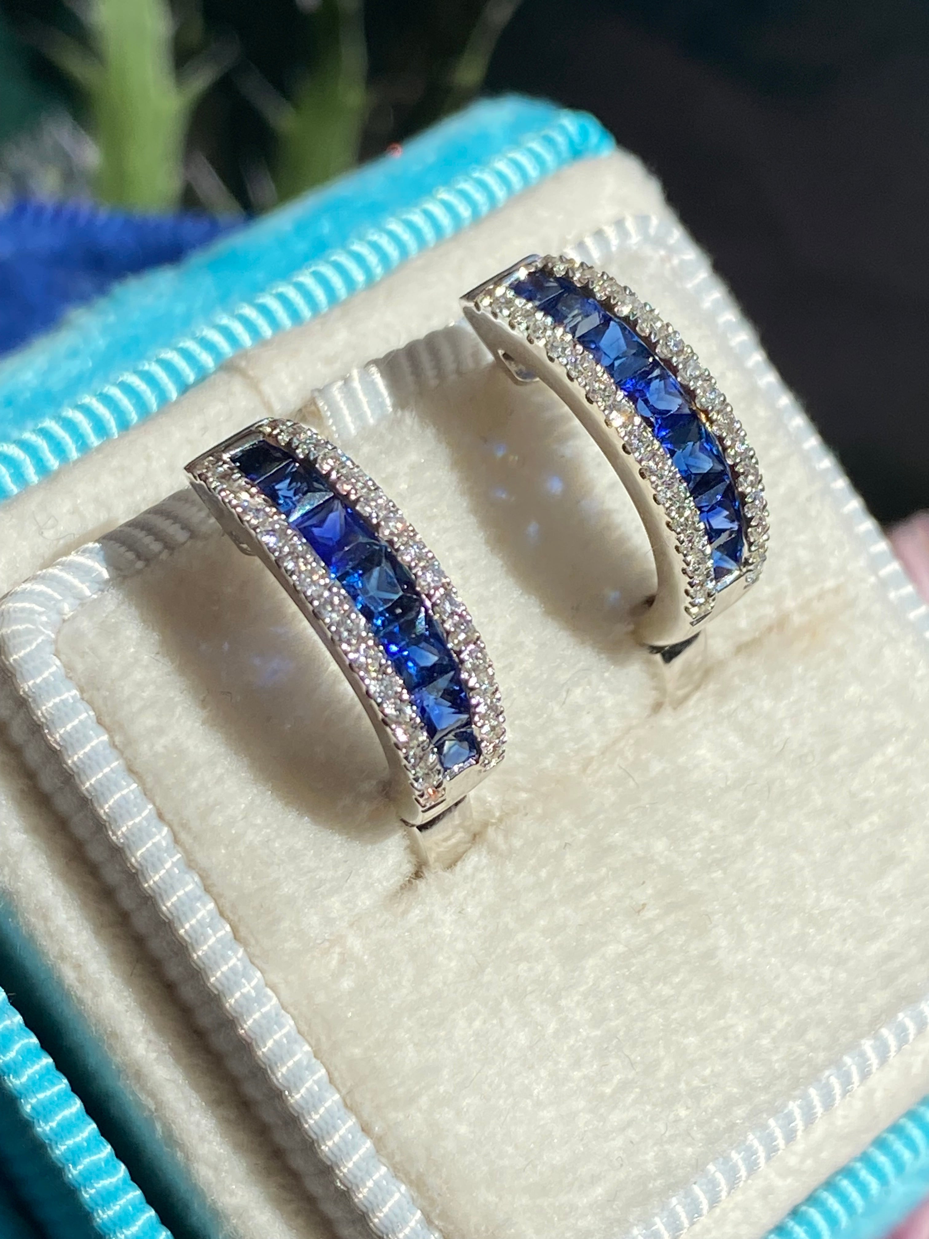 1.25 CTW Sapphire and Natural Diamond Hoop Earrings in 18ct White Gold